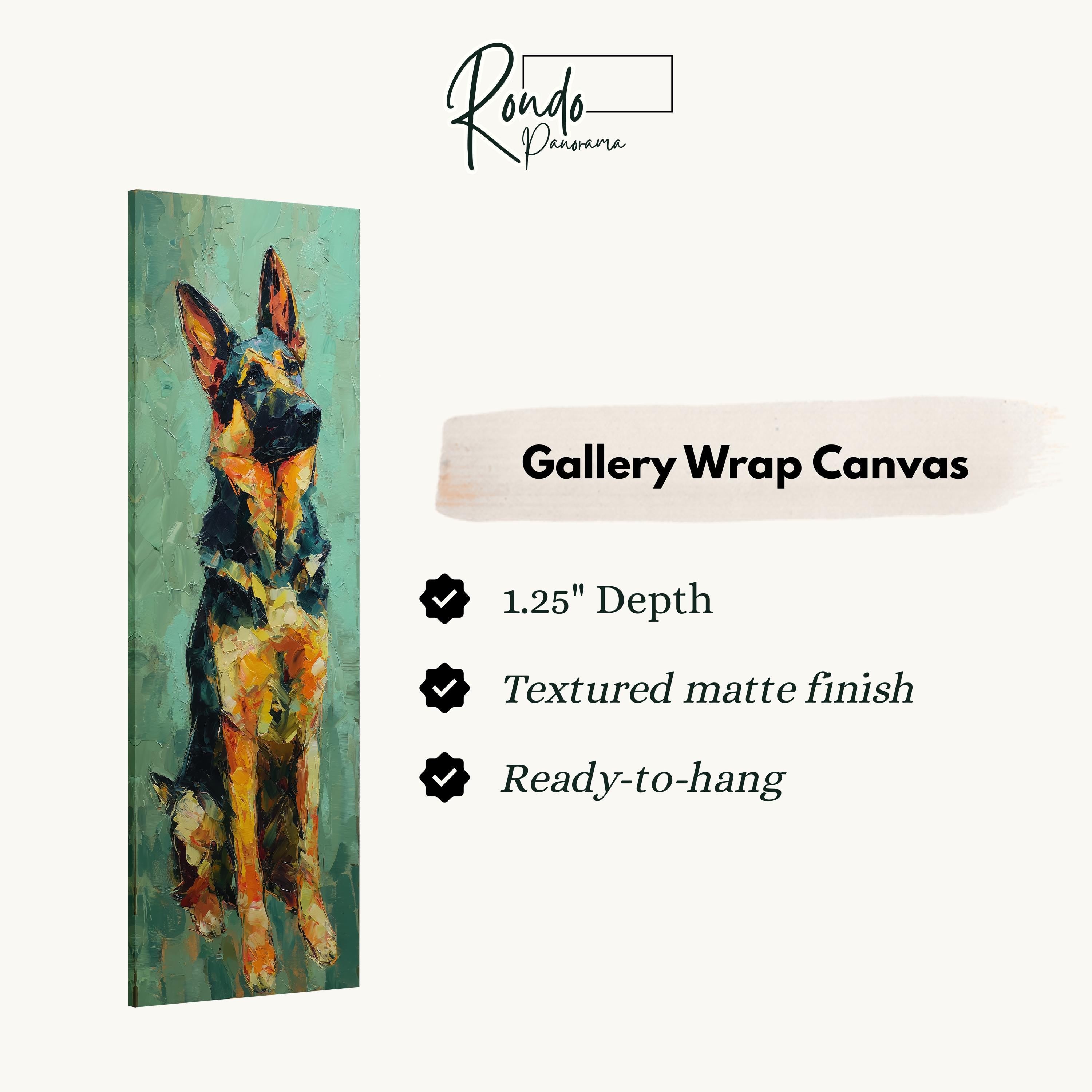 The image is a gallery wrap canvas featuring a painting of a German Shepherd dog.