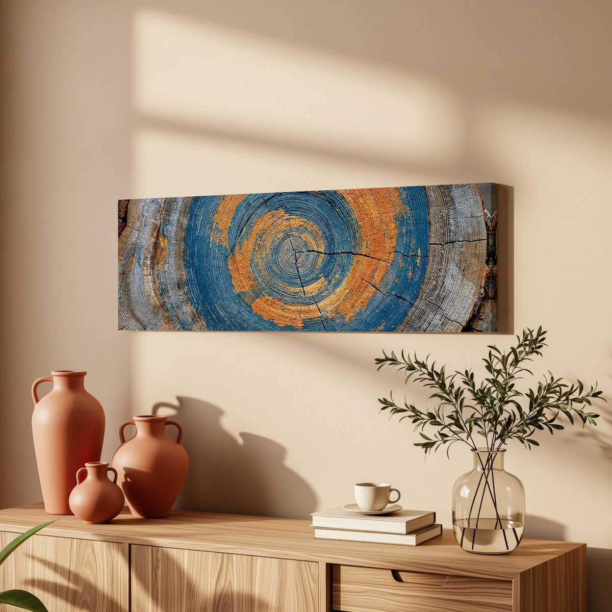Blue and orange tree ring long horizontal canvas print above a wooden sideboard