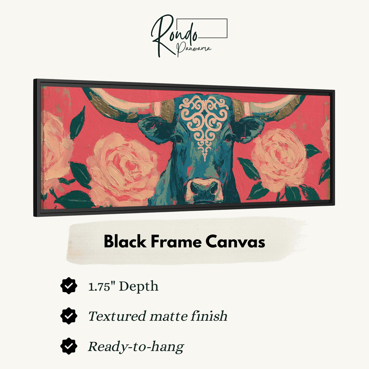 Longhorn with pink roses canvas print in a black floating frame