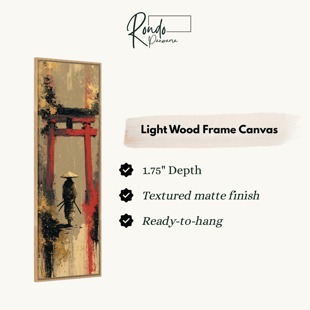 Samurai walking under a red torii gate canvas print in a light wood floating frame