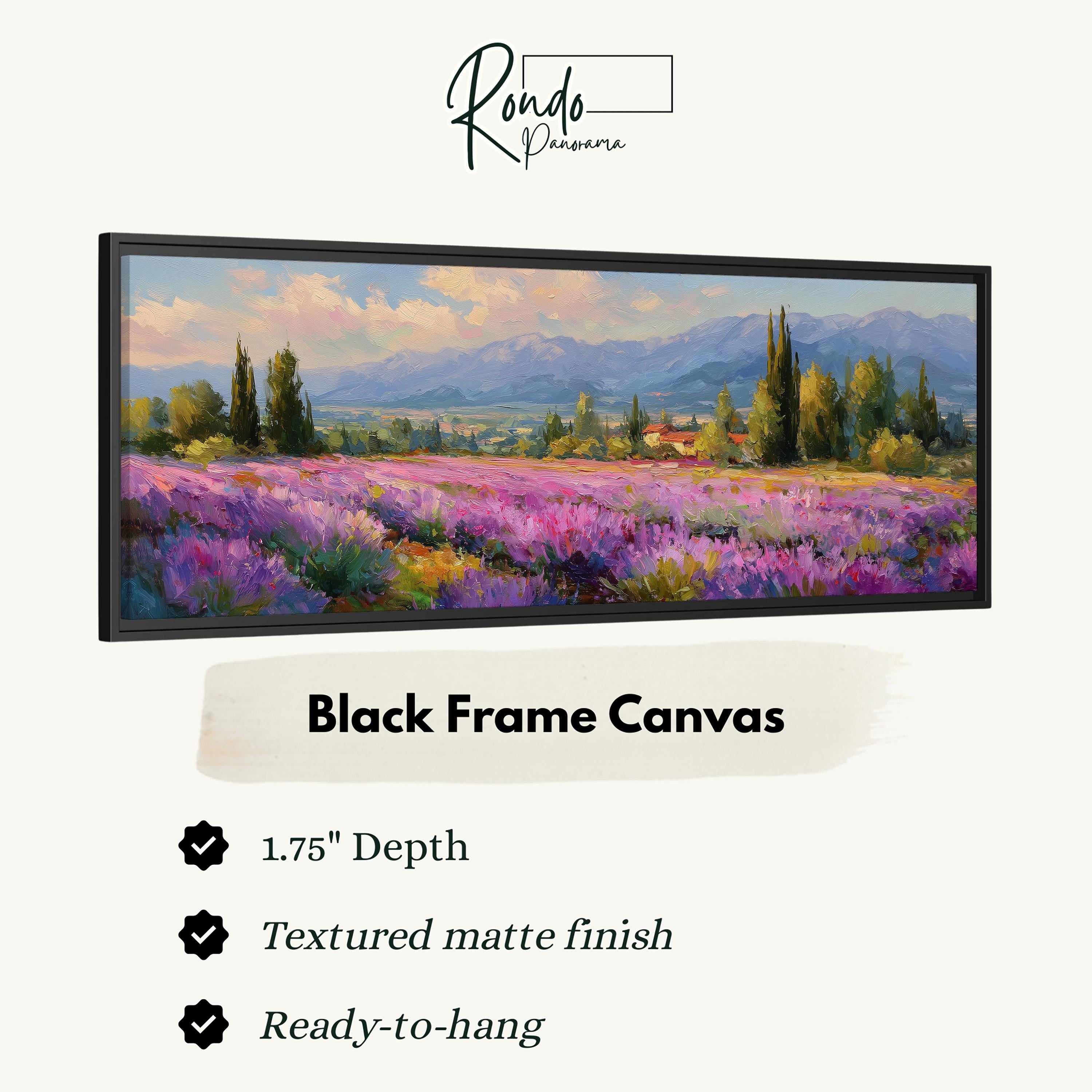 The image is a black frame canvas depicting a landscape with a field of purple flowers and mountains in the background.