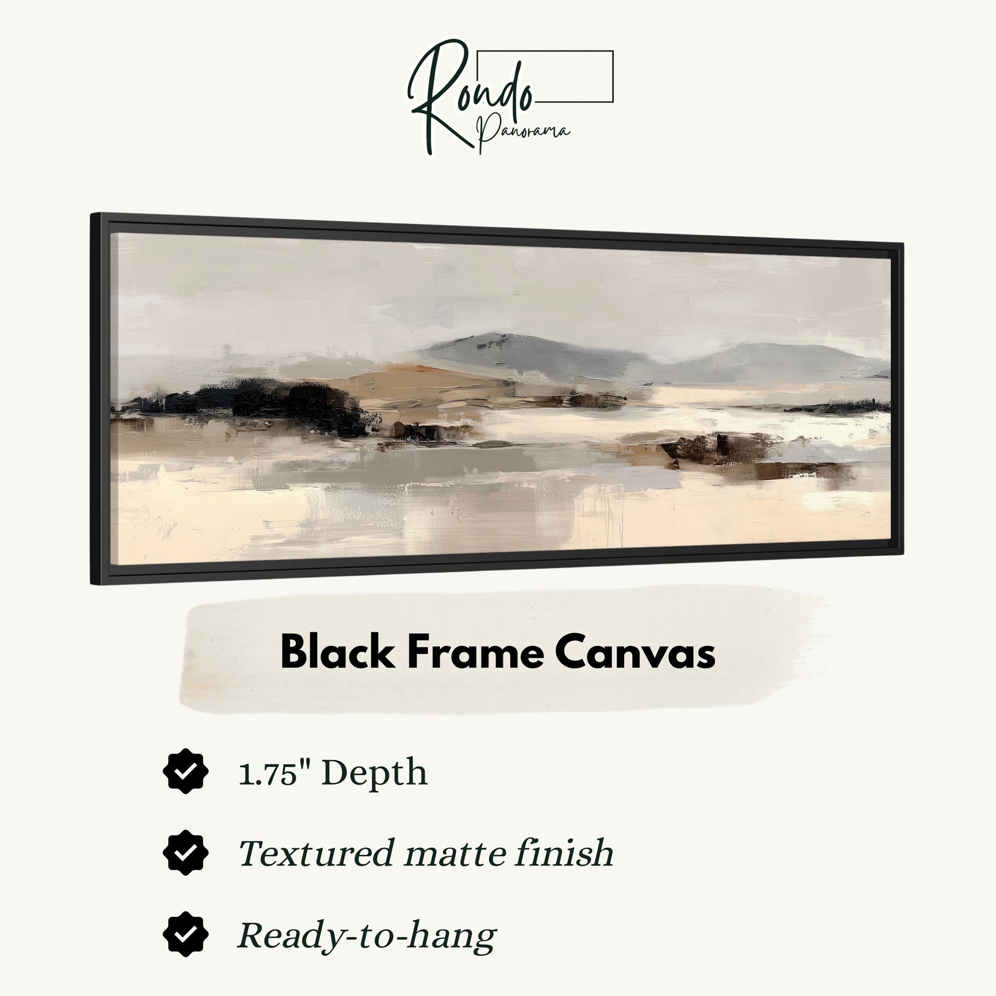 The image is a black frame canvas with a landscape painting depicting a serene, hazy mountain range.