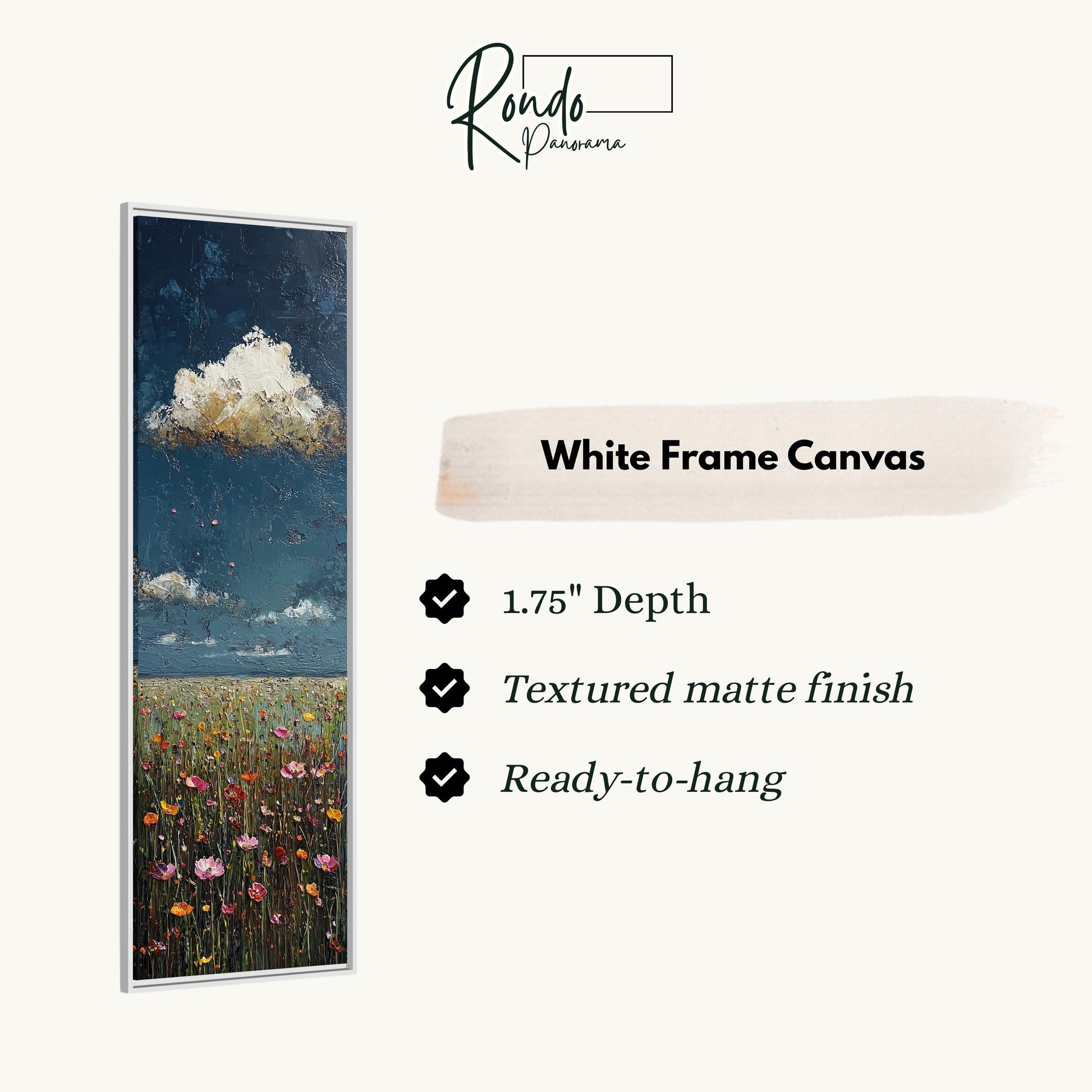 The image is a white frame canvas depicting a field of flowers with a cloudy sky in the background.