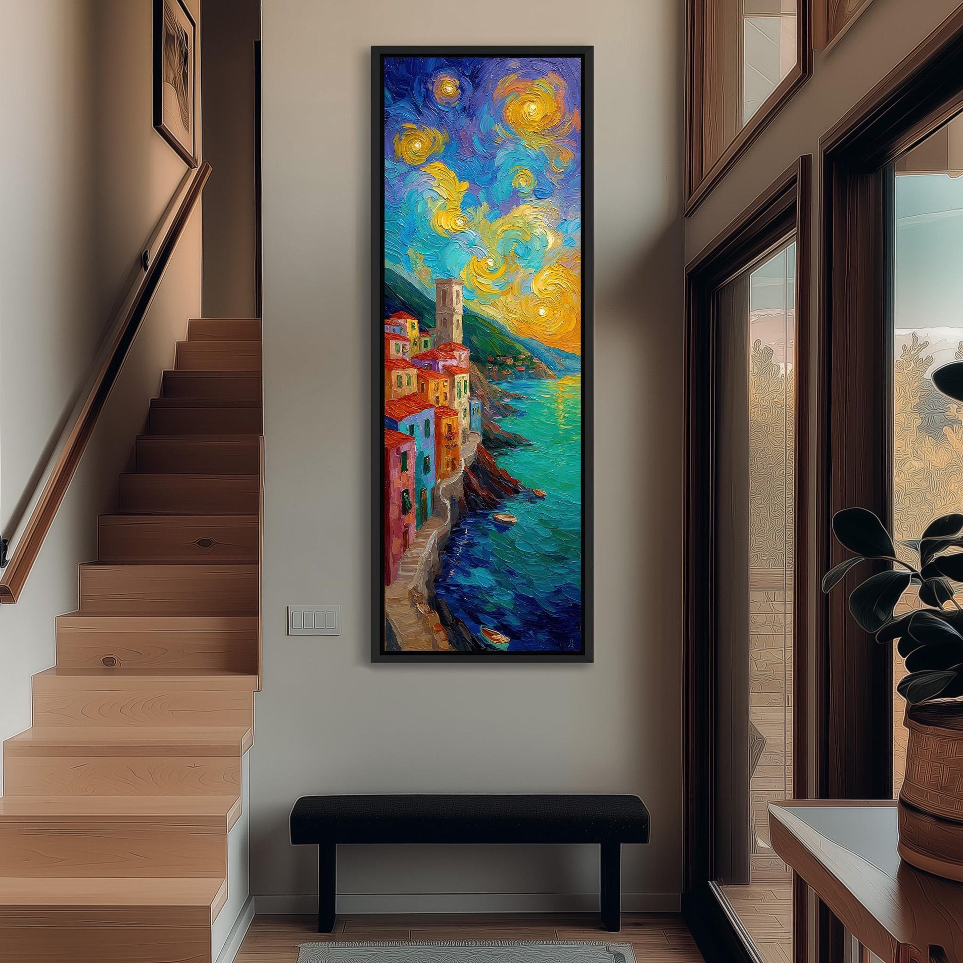 a large, colorful painting of a coastal town hanging on the wall of a hallway. The painting depicts a vibrant scene with buildings, water, and a starry sky, creating a lively and dynamic atmosphere.