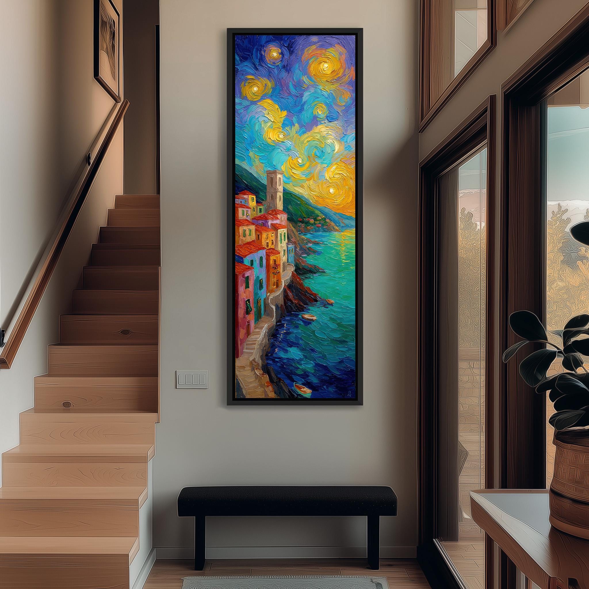 a large, colorful painting of a coastal town hanging on the wall of a hallway. The painting depicts a vibrant scene with buildings, water, and a starry sky, creating a lively and dynamic atmosphere.