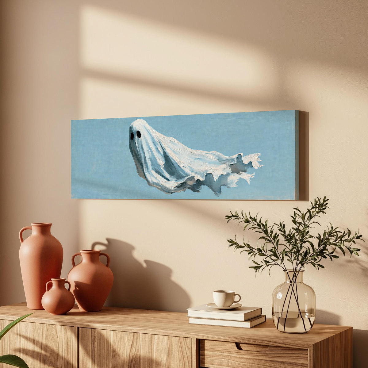 Drifting ghost spirit long horizontal canvas print above a wooden sideboard