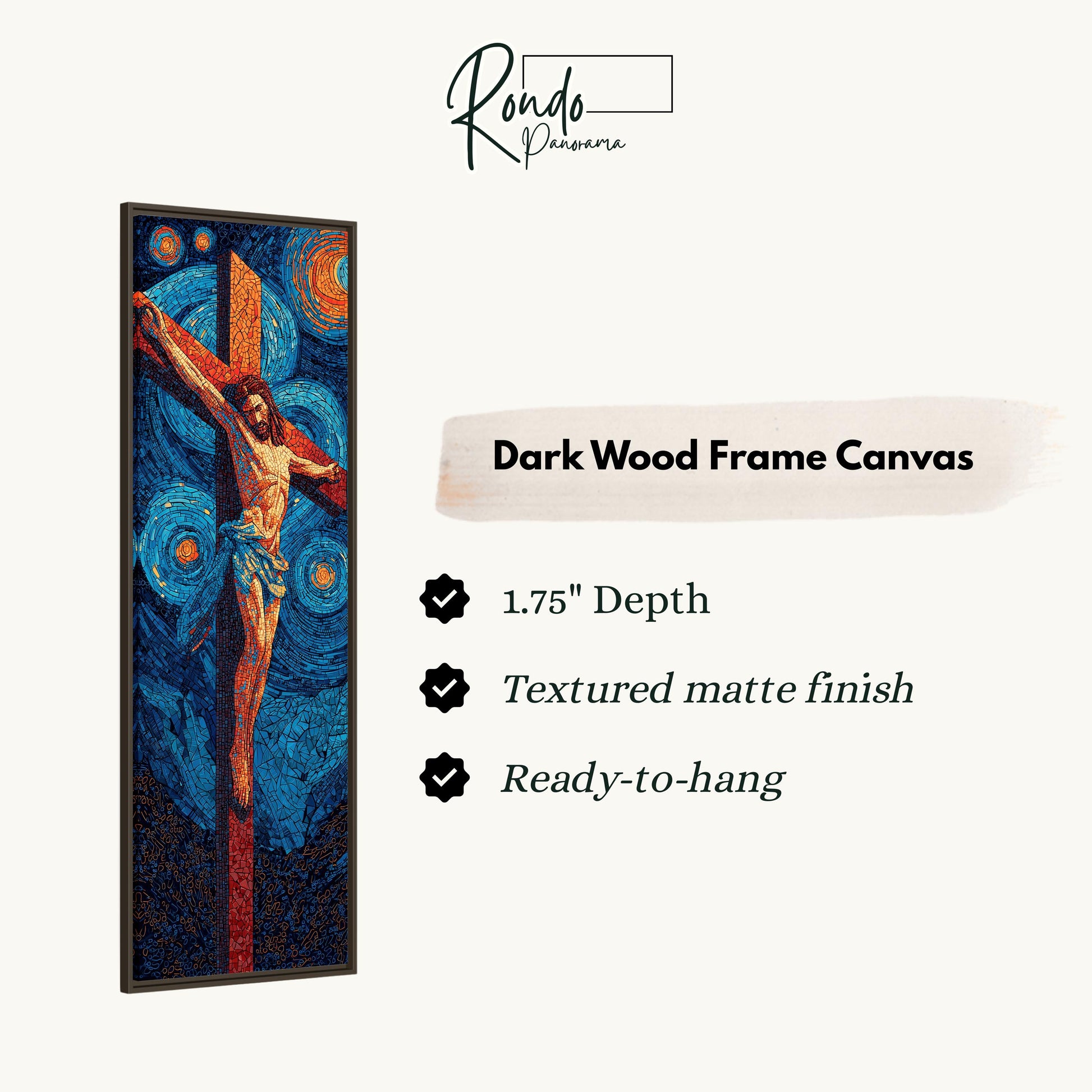 The image is a dark wood frame canvas depicting a painting of Jesus Christ on the cross.