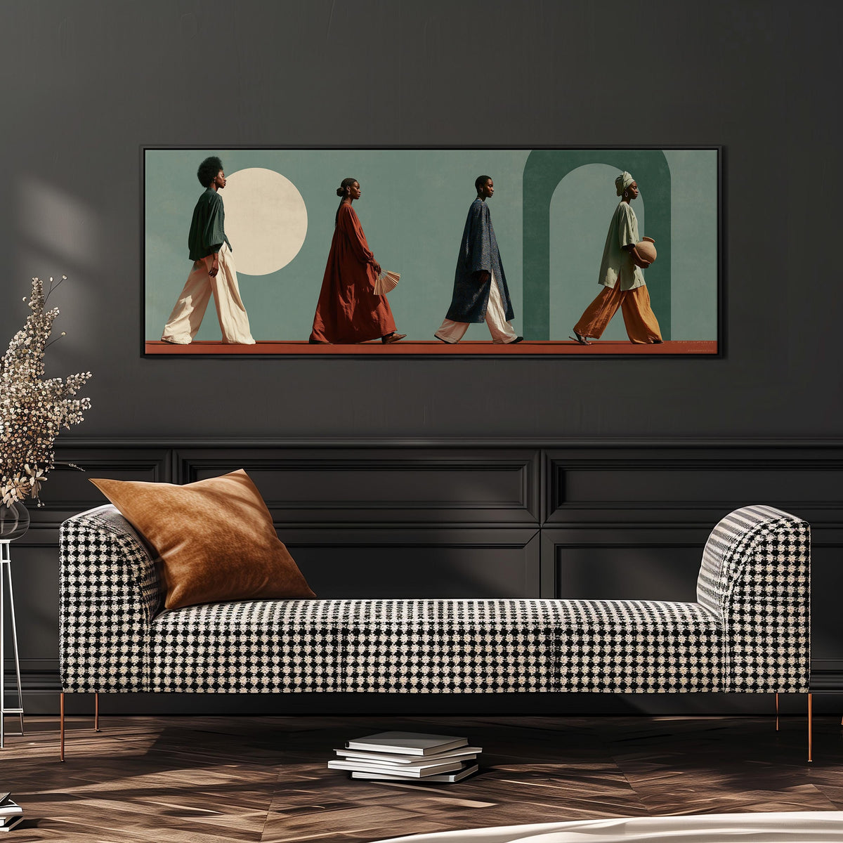 Women walking past arches and a pale moon wide panoramic canvas print above a bench in a dark living room