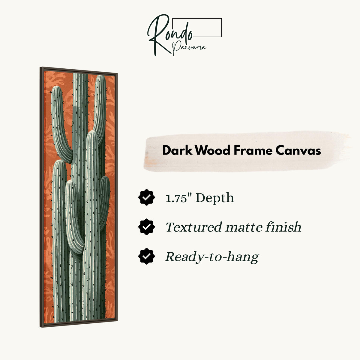 Saguaro cactus on a patterned terracotta background canvas print in a dark wood floating frame
