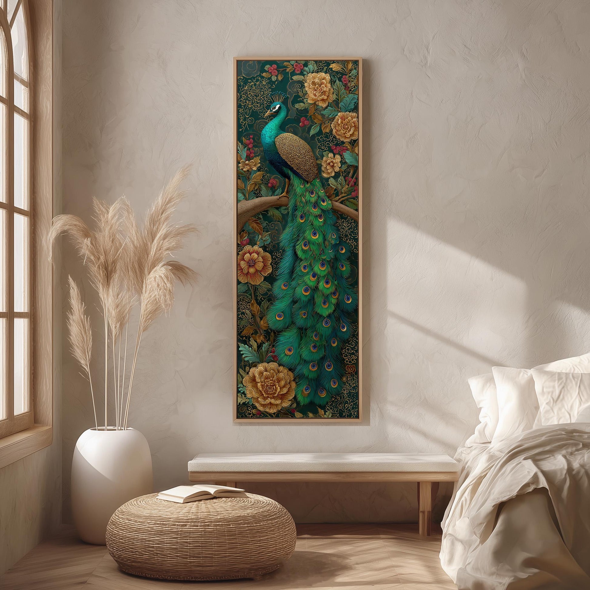 a large, colorful painting of a peacock perched on a branch, surrounded by flowers and foliage, hanging on a wall in a room with a bed, a potted plant, and a woven ottoman.