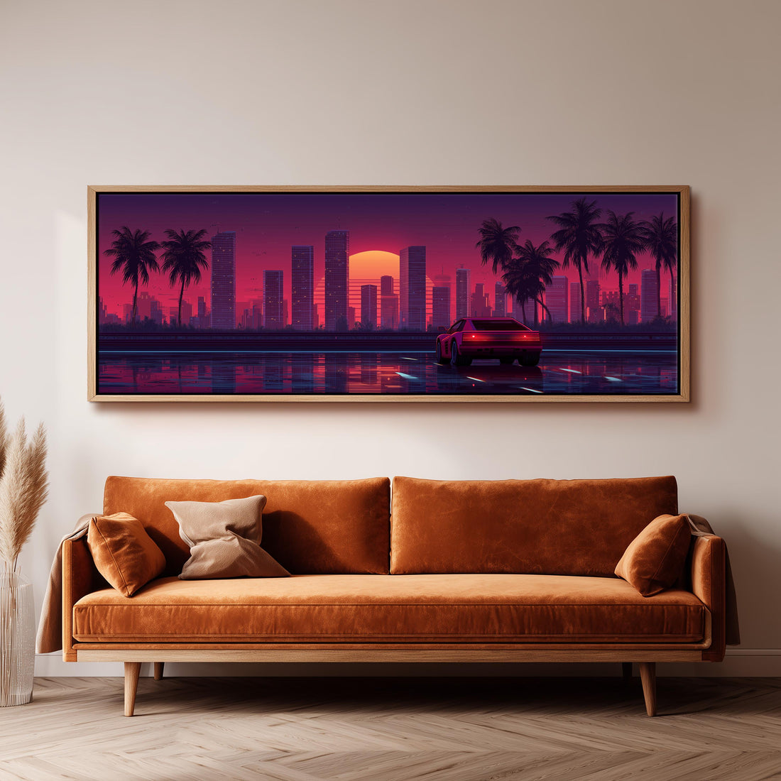 a large, colorful painting of a cityscape with palm trees and a car driving on a road, hanging on a wall above a black and white checkered sofa.