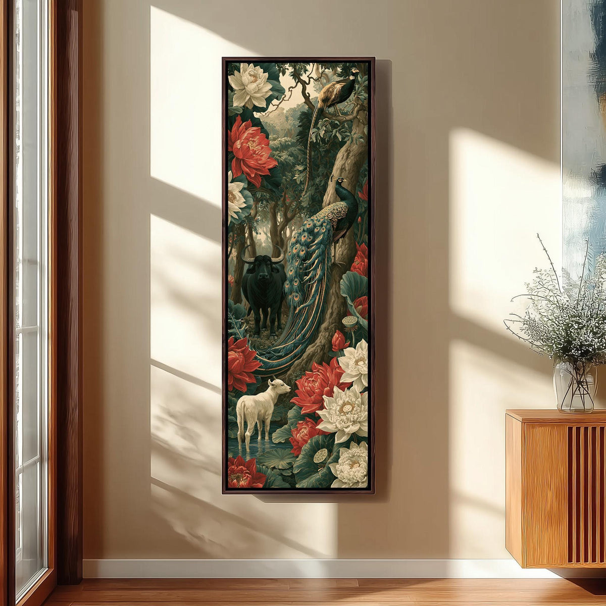 Peacock and animals in a lush jungle of lilies tall skinny canvas print in a sunlit living space