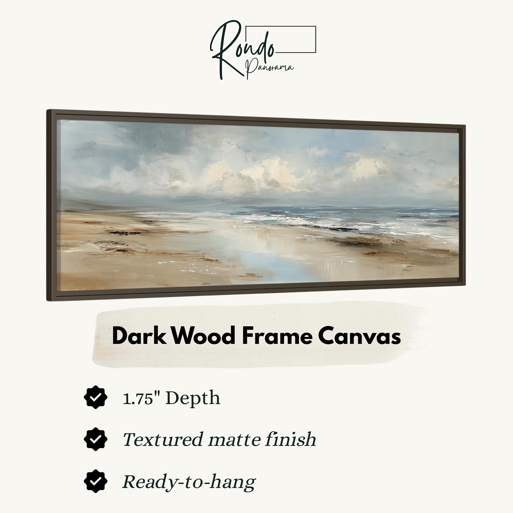 The image is a framed artwork depicting a beach scene with a cloudy sky.