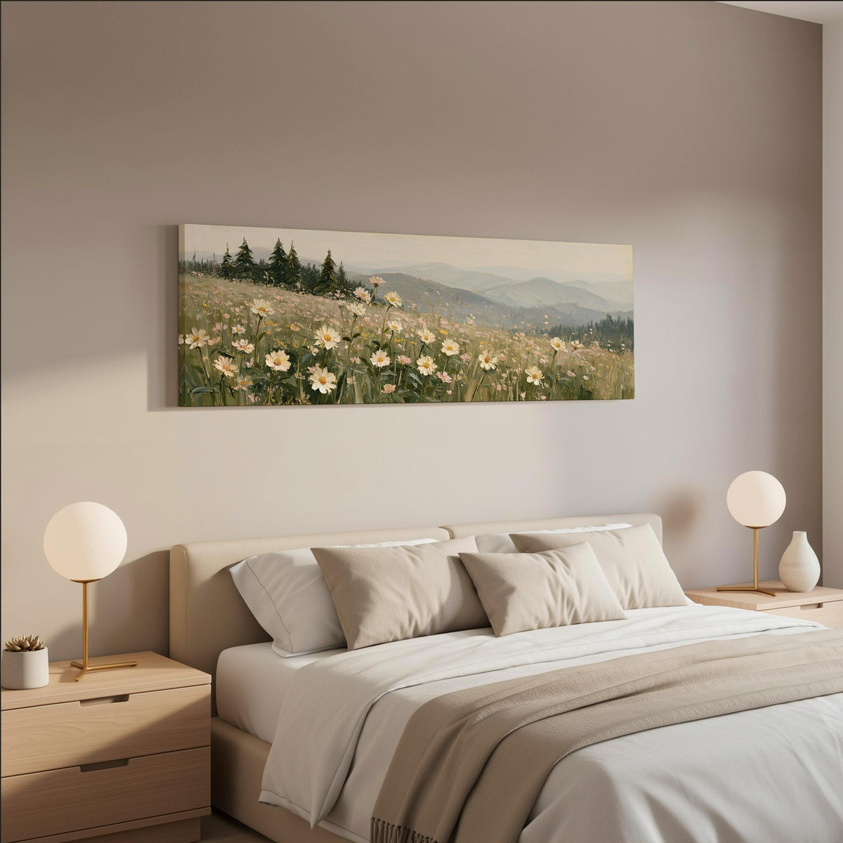 Daisy hillside below blue mountains wide panoramic canvas print above a bed in a neutral bedroom