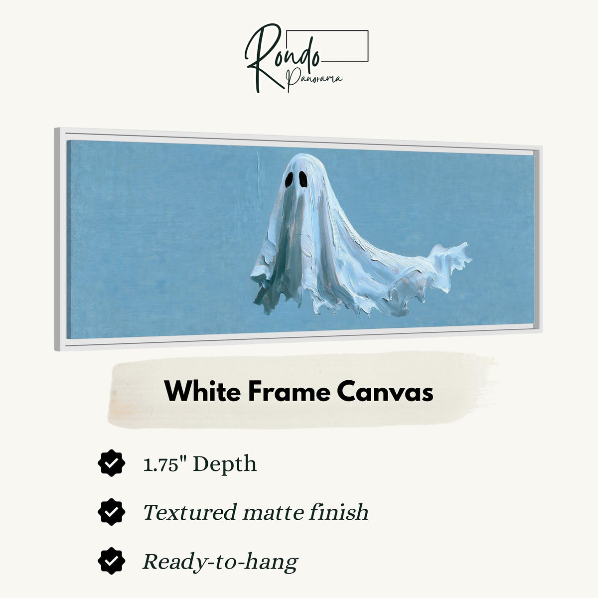 Floating ghost on blue canvas print in a white floating frame