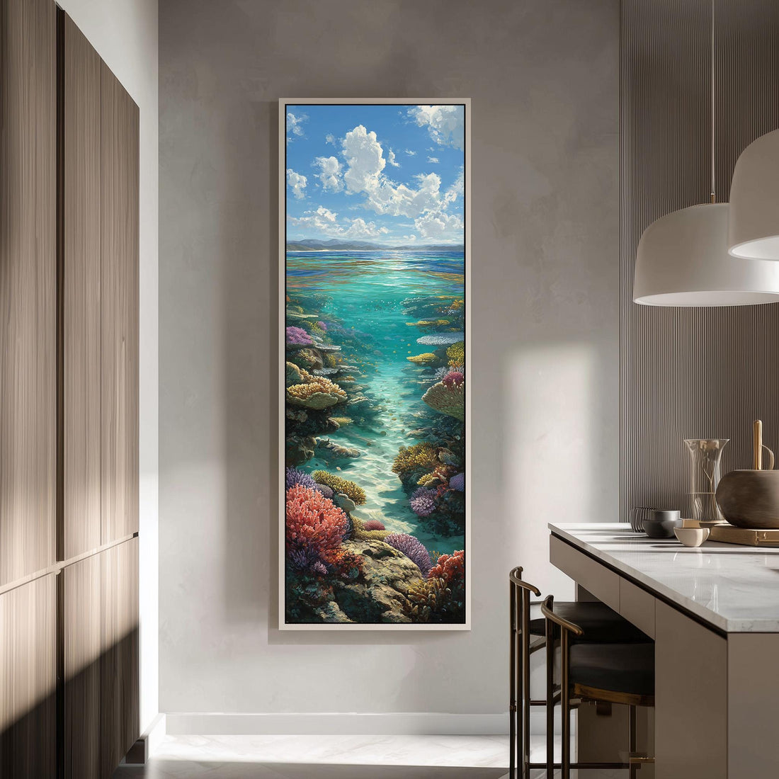 a large framed painting of a vibrant underwater scene, depicting a coral reef with colorful marine life.