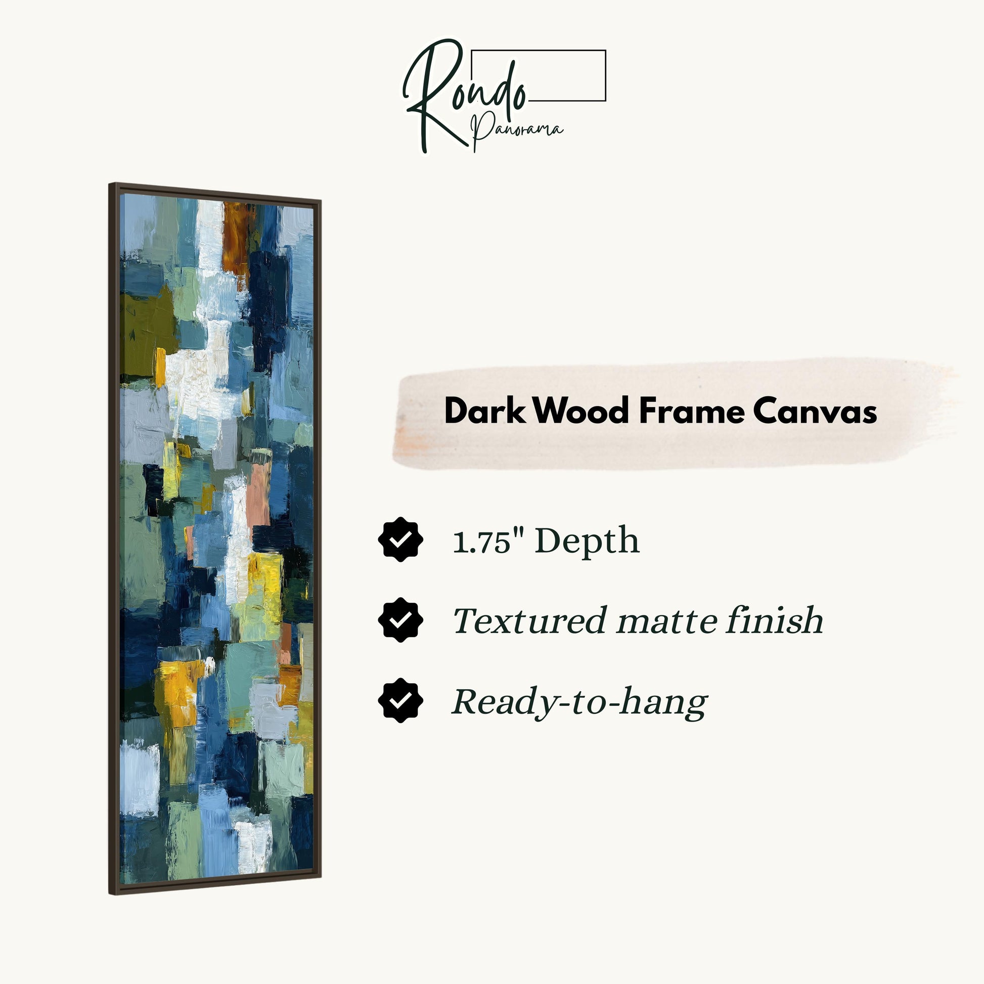 The image is a product advertisement for a dark wood frame canvas. It features a vertical painting with a textured finish and a 1.75" depth. The text highlights the features of the canvas, such as the textured matte finish and the readiness to hang.
