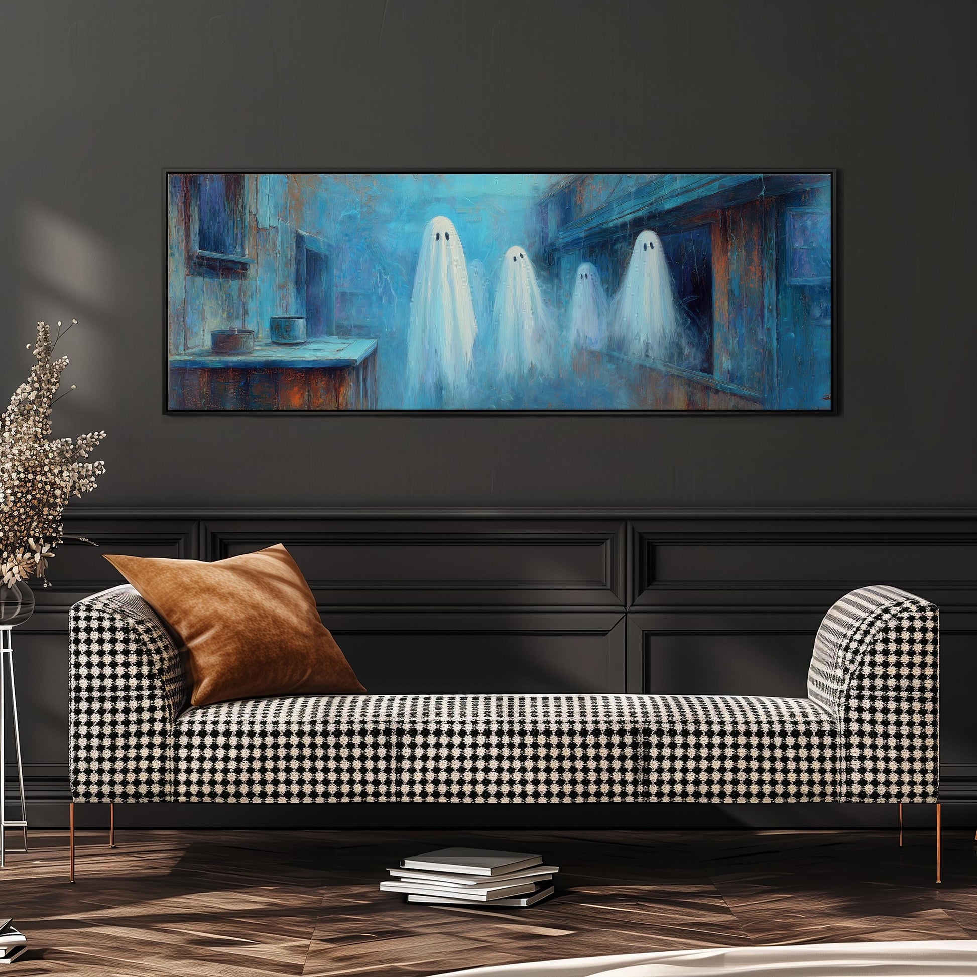 a large painting of four ghostly figures in a room, hanging on a dark wall above a black and white checkered sofa.
