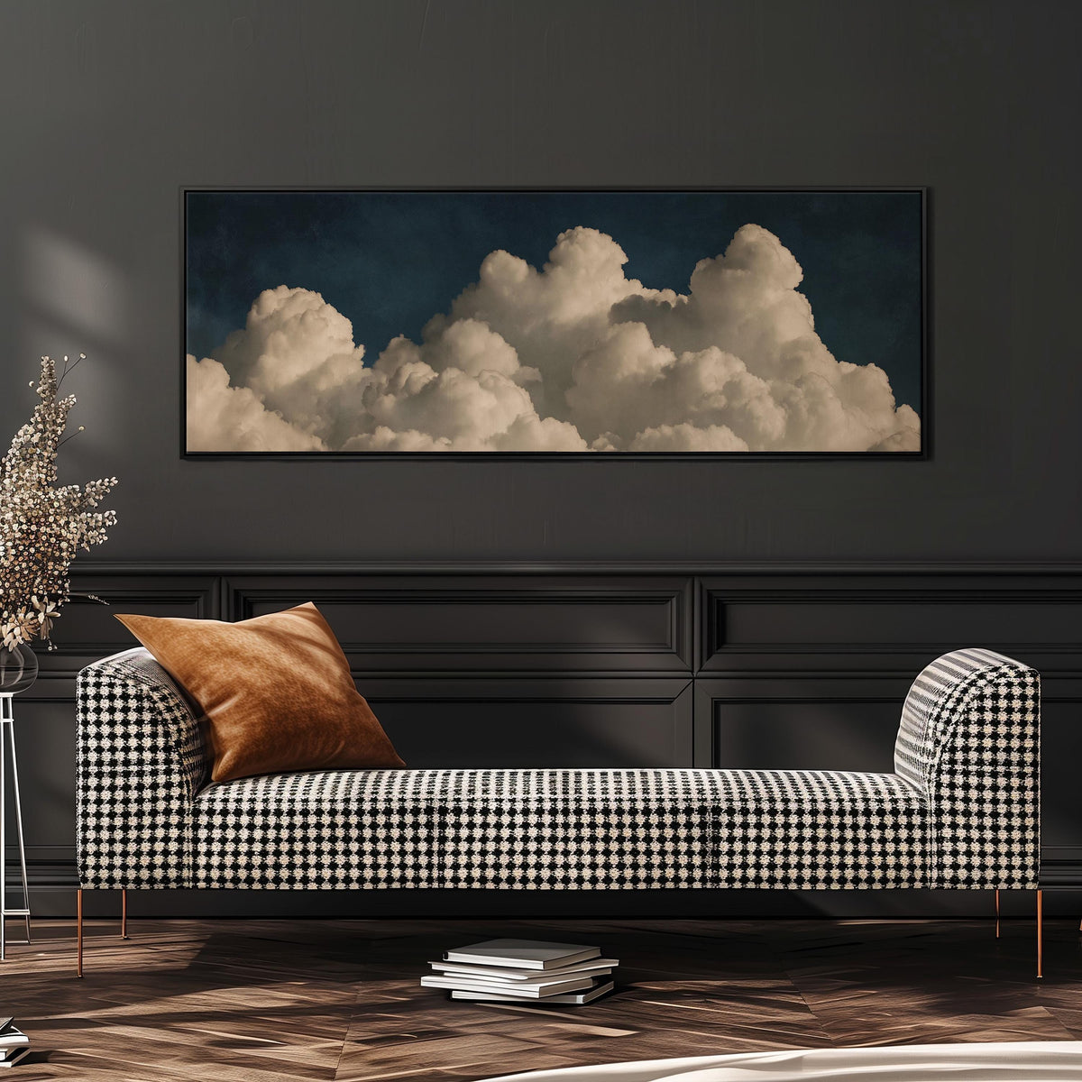 Cumulus clouds against a dark night sky wide panoramic canvas print above a bench in a dark living room