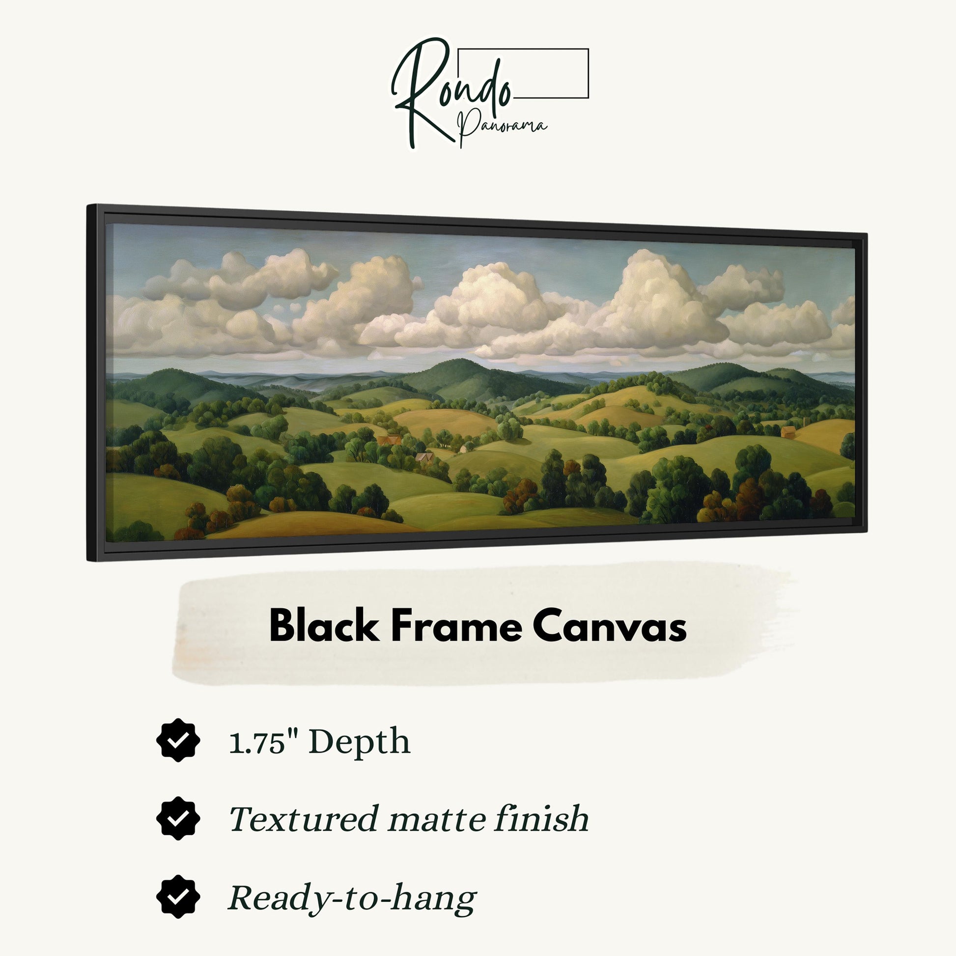 The image is a black frame canvas depicting a landscape with rolling hills, trees, and a cloudy sky.
