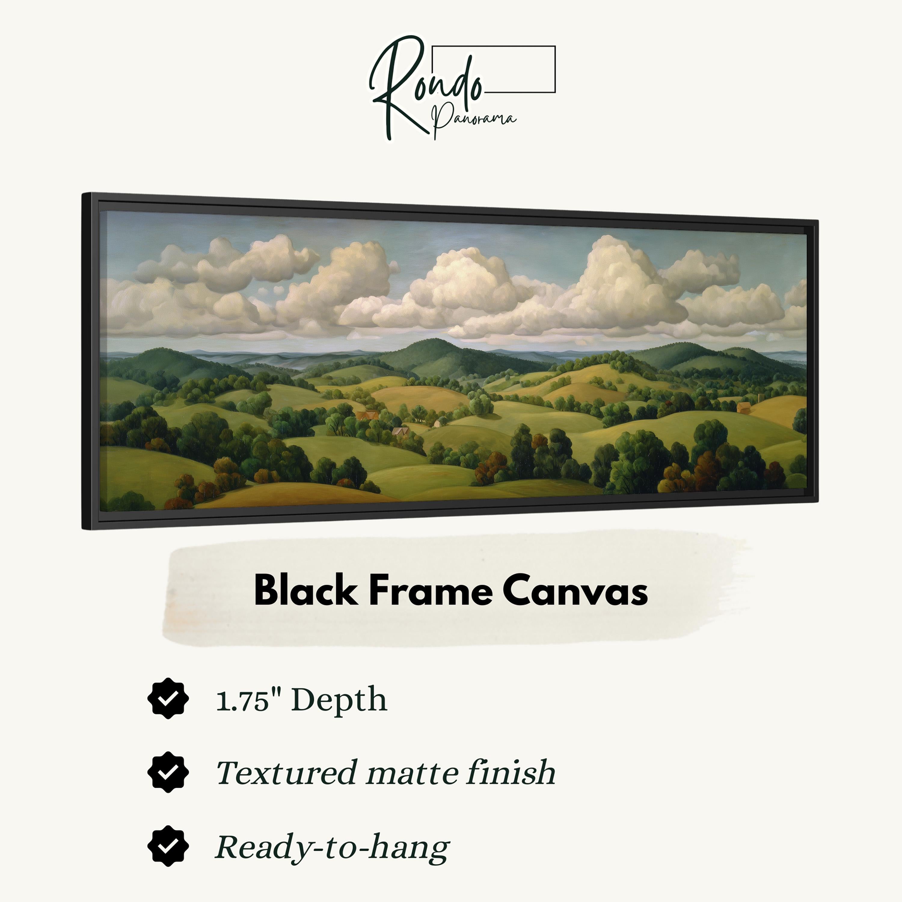 The image is a black frame canvas depicting a landscape with rolling hills, trees, and a cloudy sky.