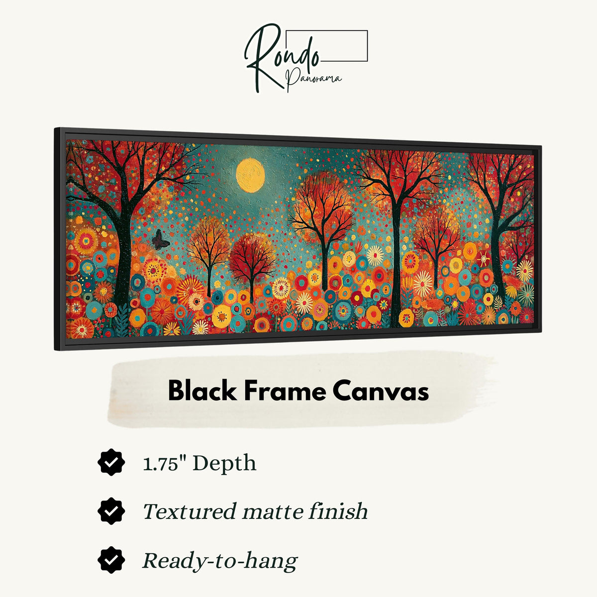 Folk art autumn forest with flowers canvas print in a black floating frame