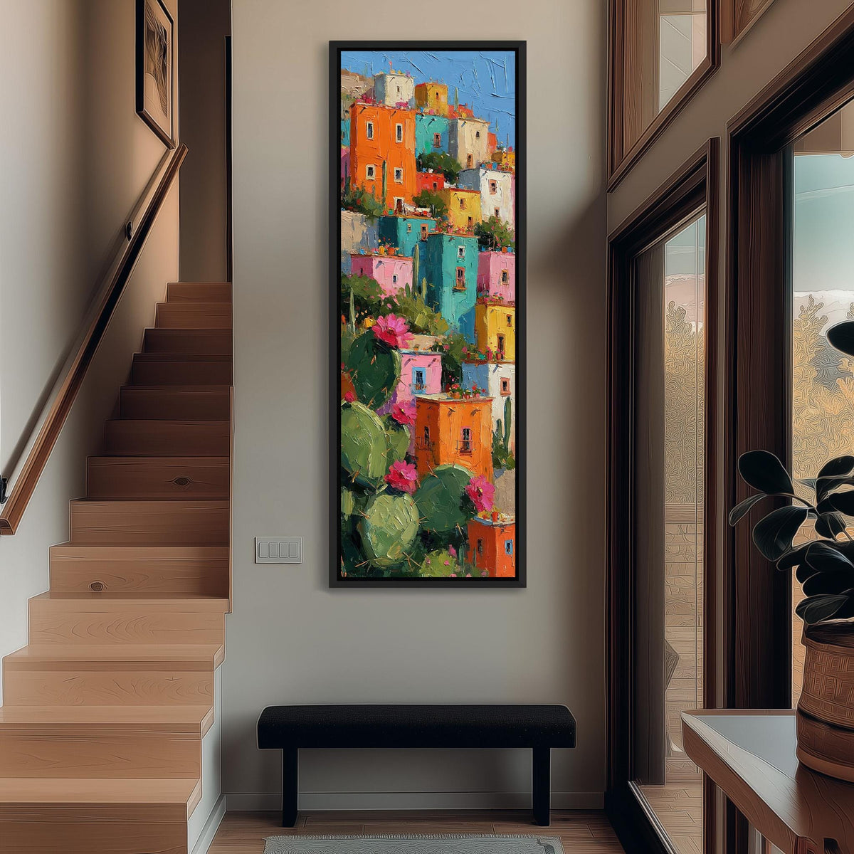 Colorful hillside houses with cacti tall narrow canvas print beside a staircase in an entryway