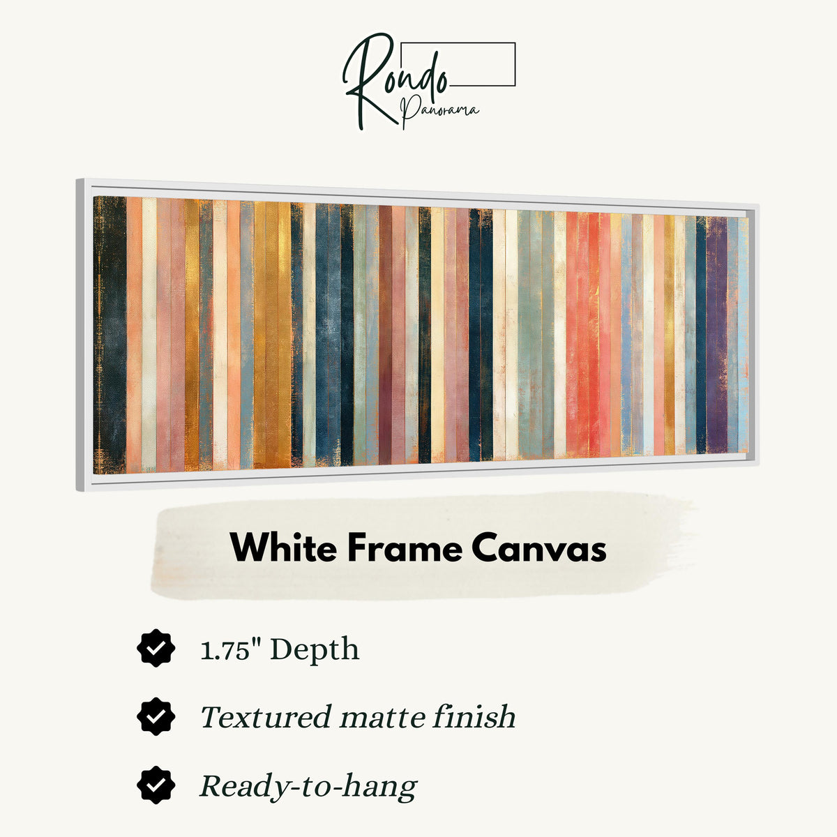 Blush, navy and gold gilded stripes canvas print in a white floating frame