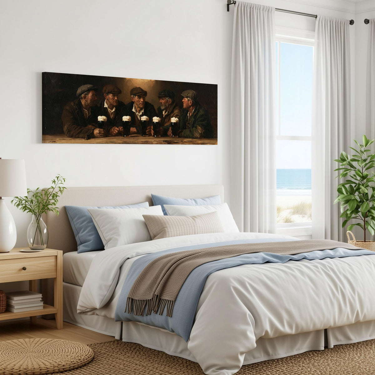 Friends toasting with stout in an Irish pub panoramic canvas print above a bed in a coastal bedroom