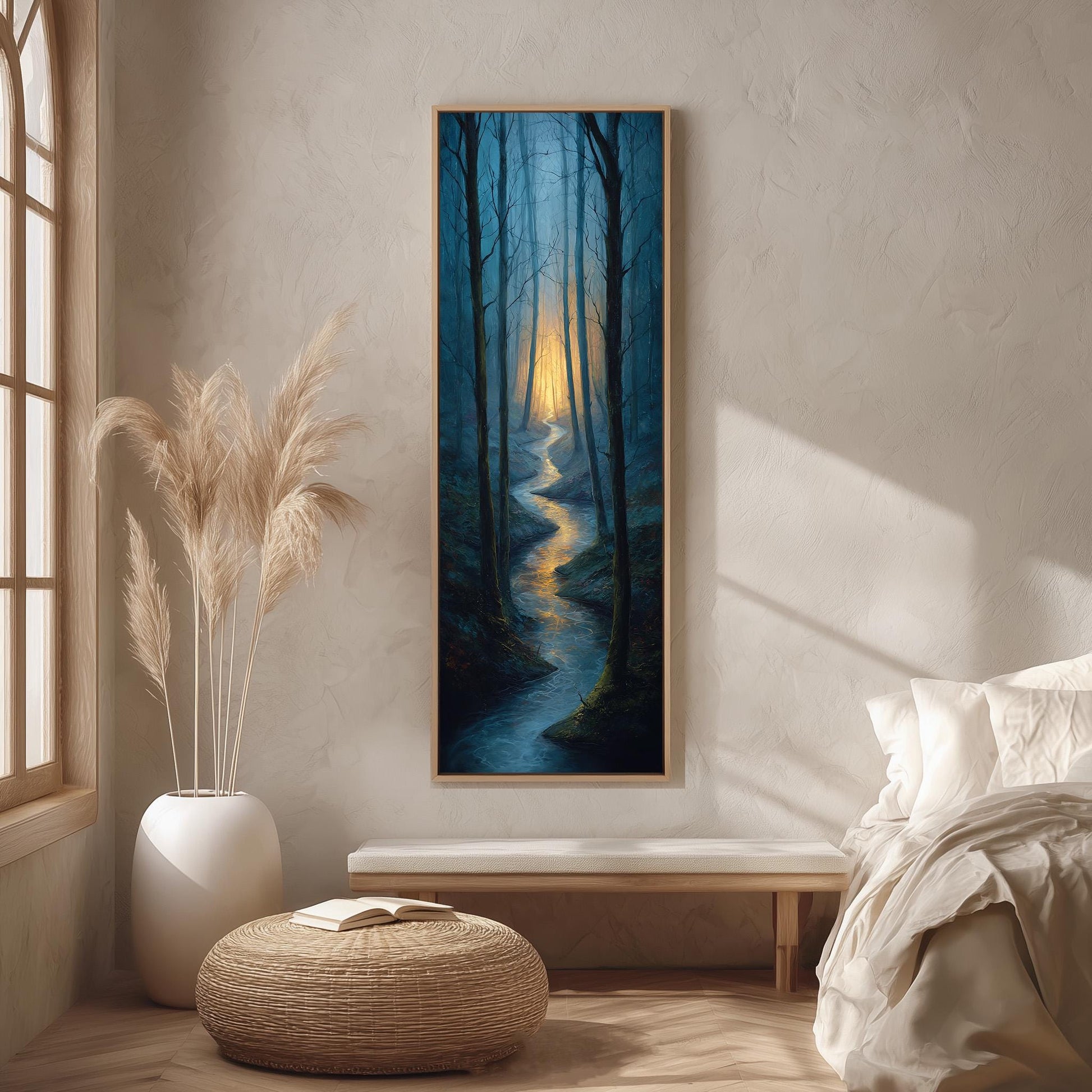 a serene bedroom scene with a large painting of a forest on the wall, a white bed with a white pillow, a white ottoman, and a window with white curtains.