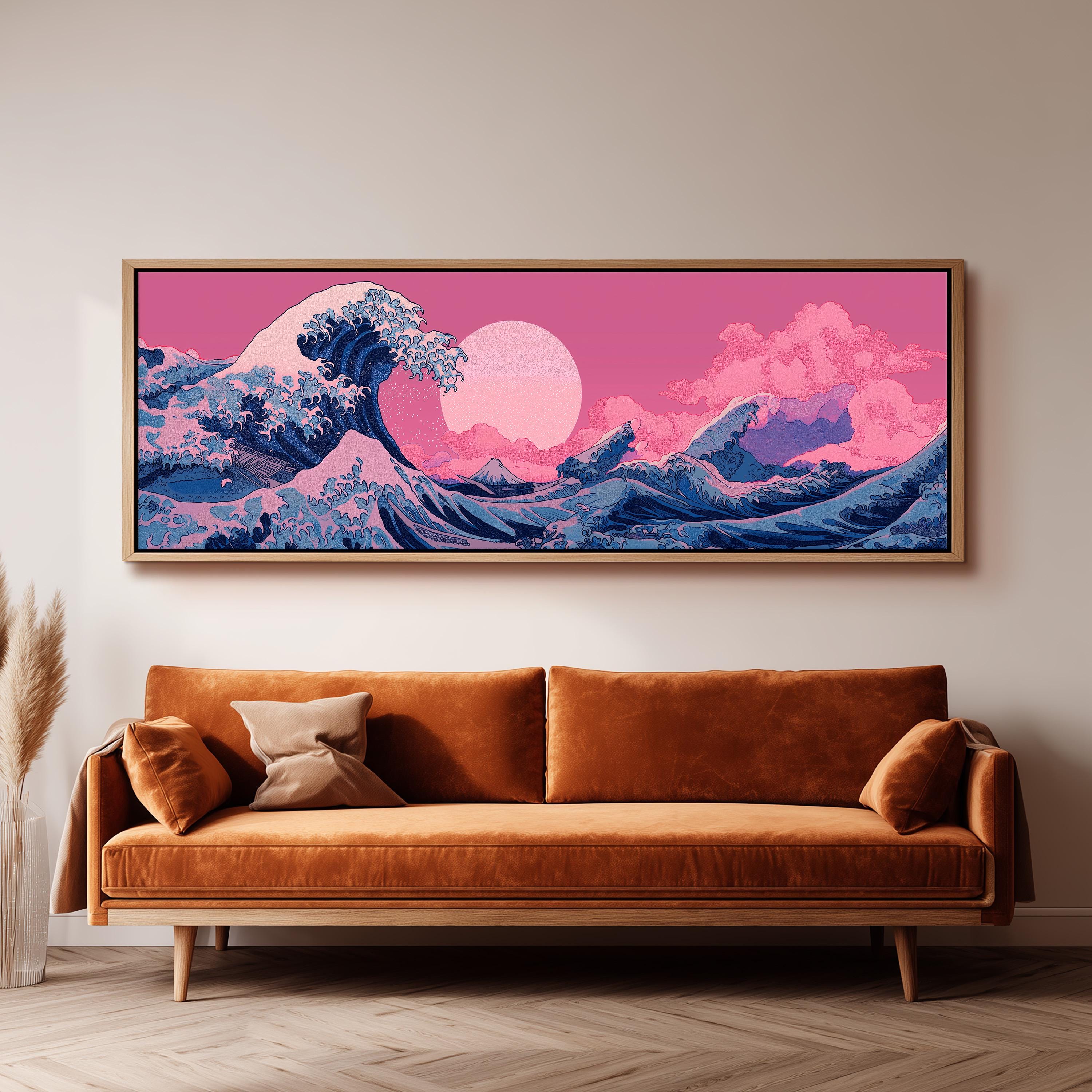 a large, colorful painting of a wave on a wall above a brown sofa.