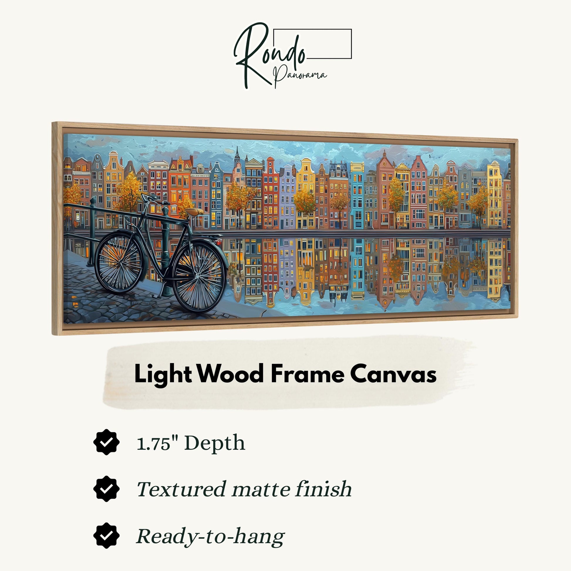 The image is a light wood frame canvas depicting a cityscape with a bicycle in the foreground.