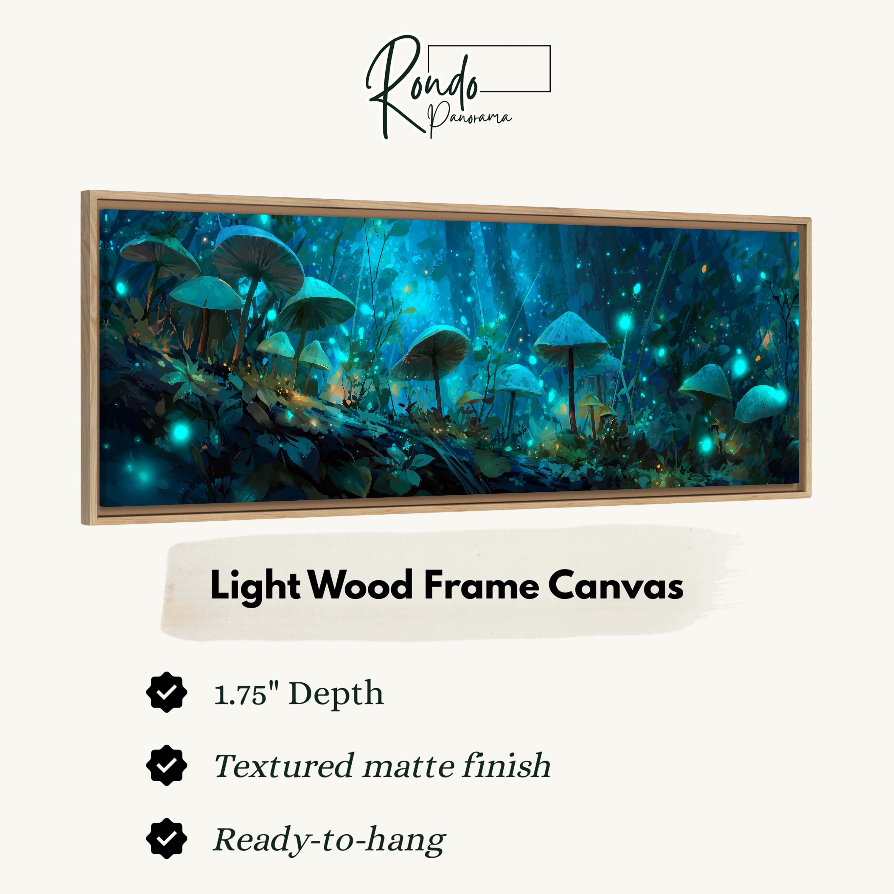 The image is a framed canvas depicting a forest scene with mushrooms and glowing mushrooms in the background.