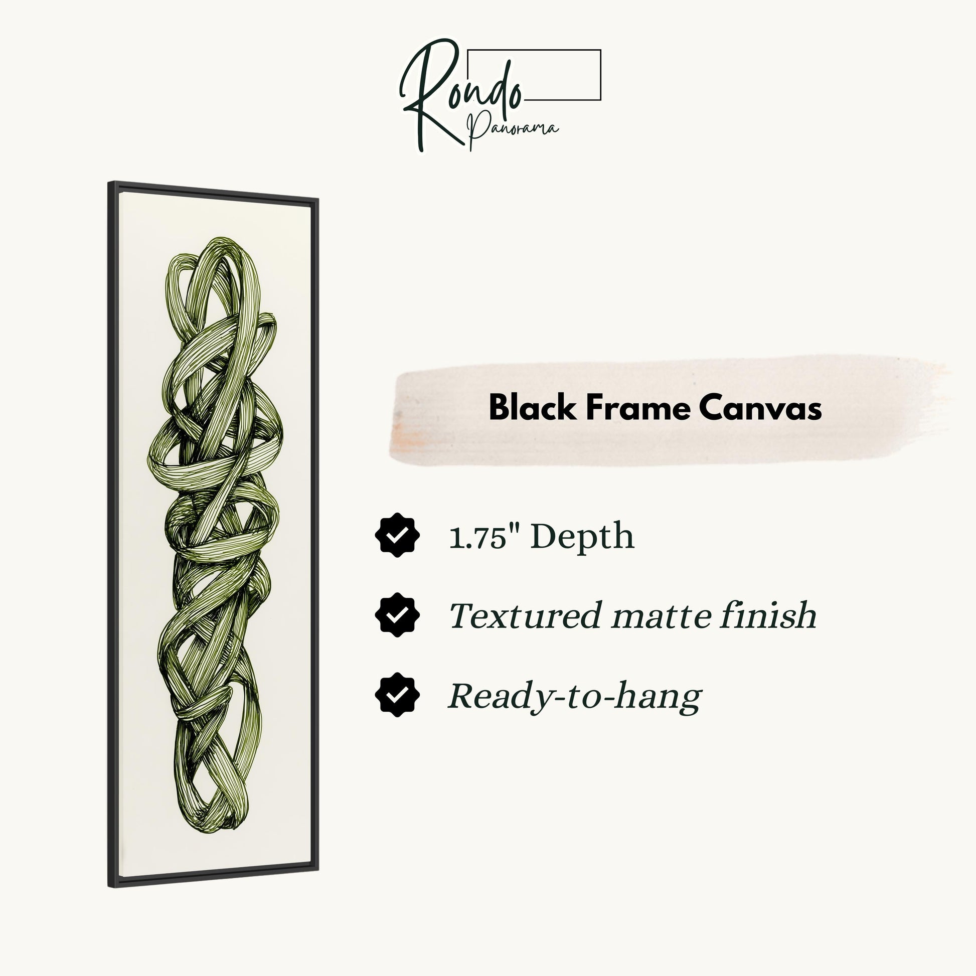 a black frame canvas with a detailed illustration of a green plant or vine. The canvas is described as having a 1.75" depth, a textured matte finish, and is ready-to-hang.