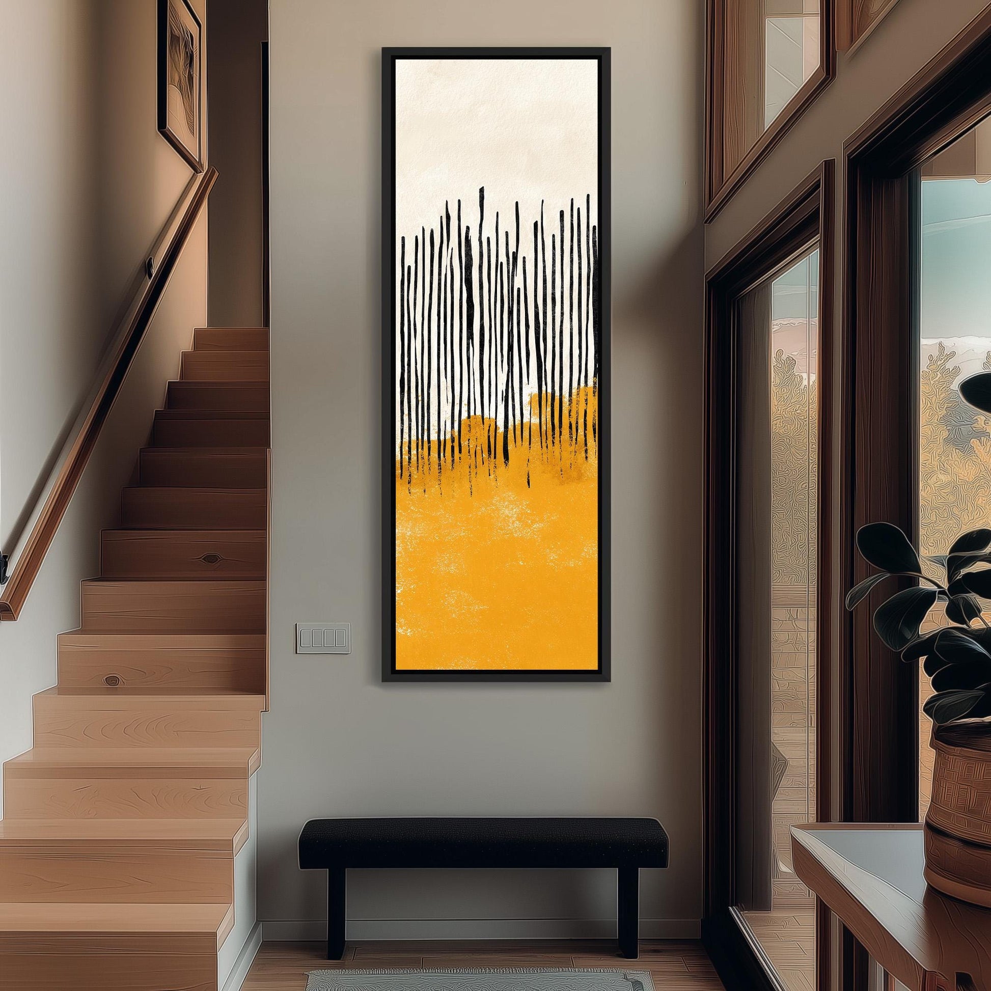 a modern and minimalist interior design with a large abstract painting hanging on the wall above a black bench. The painting has a striking yellow and black color scheme, with vertical lines creating a sense of movement and energy. The room is well-lit, with natural light coming in through the windows, and the overall aesthetic is clean and contemporary.