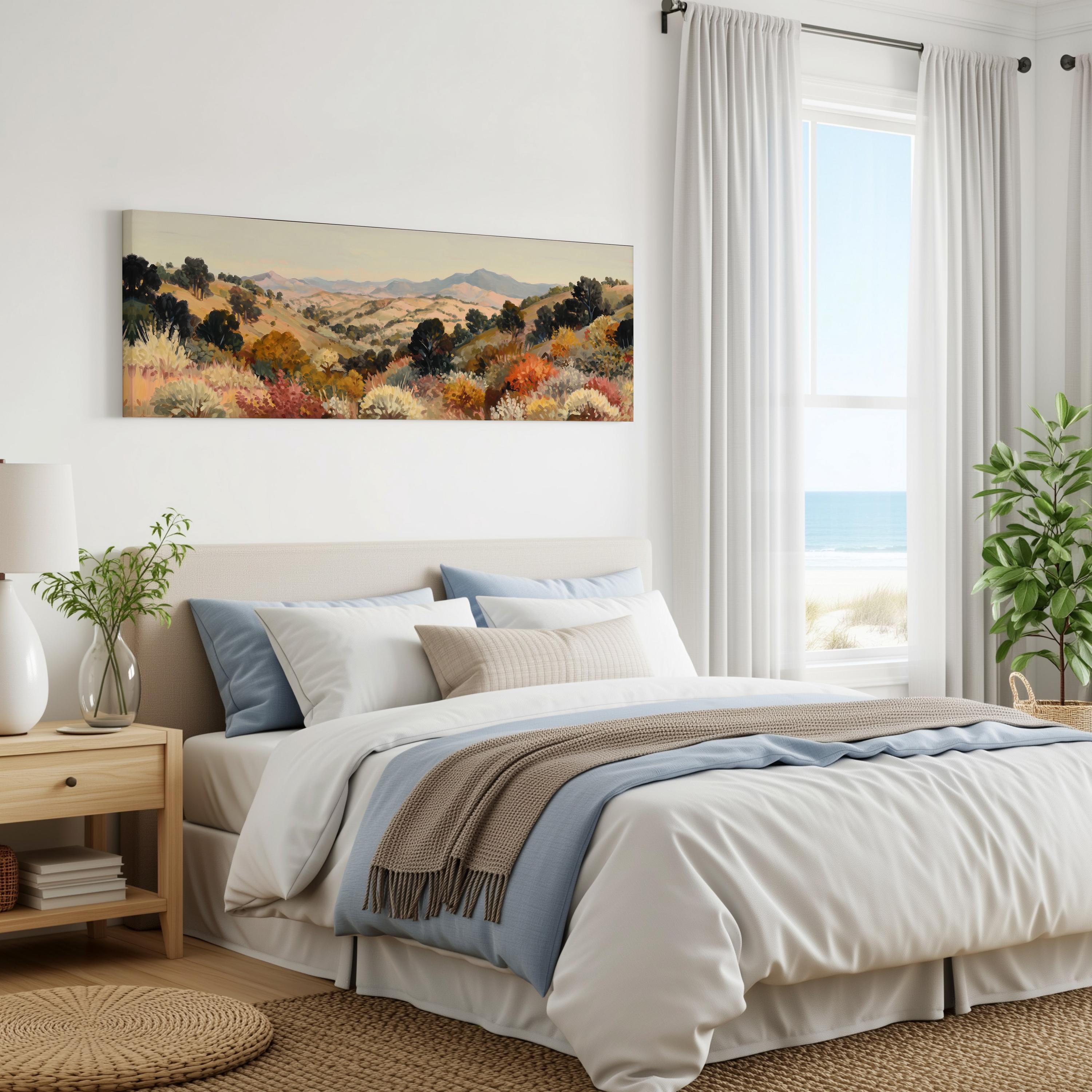 a serene bedroom with a large bed, a nightstand, and a painting of a scenic landscape hanging on the wall.