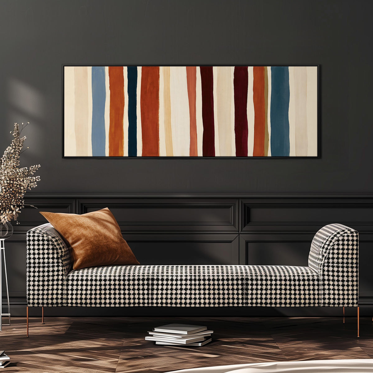 Rust, navy and maroon stripes wide panoramic canvas print above a bench in a dark living room