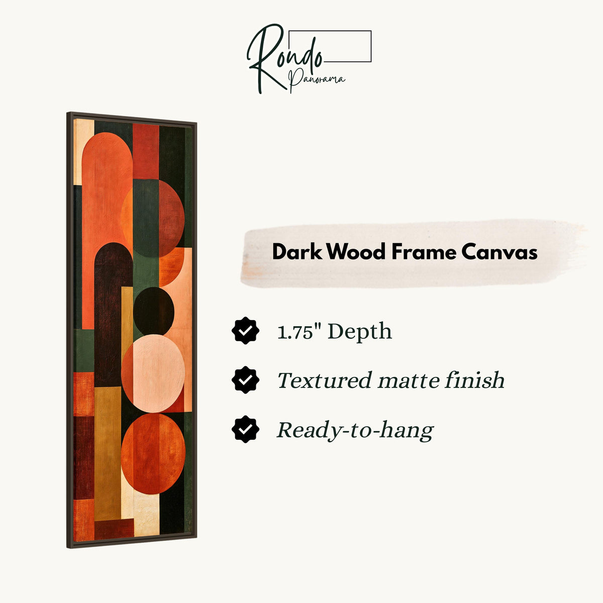 Terracotta, navy and blush arch and circle totem canvas print in a dark wood floating frame