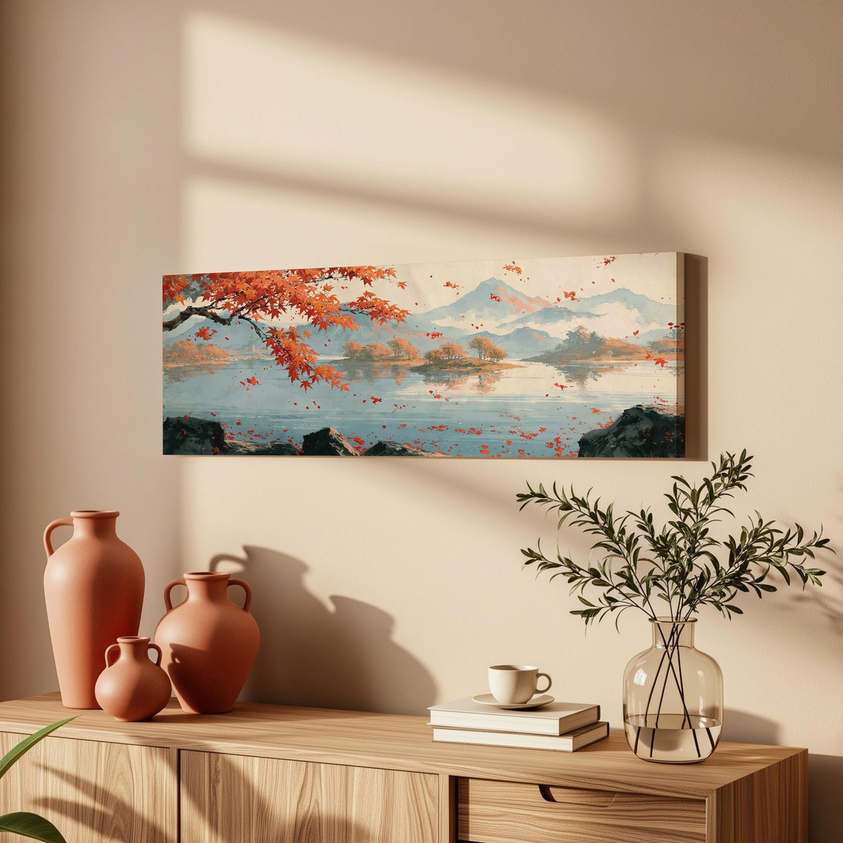 Japanese maple over a misty lake long horizontal canvas print above a wooden sideboard