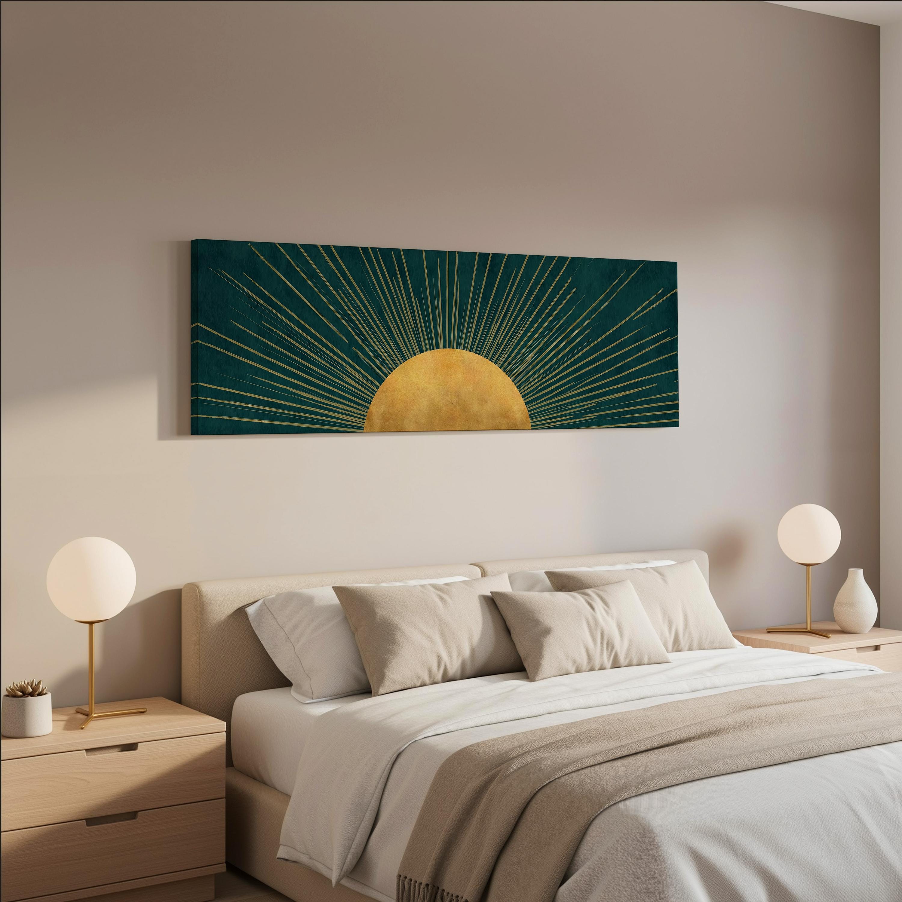 a modern bedroom with a large bed, two nightstands with lamps, and a large abstract artwork featuring a sun design on the wall above the bed.