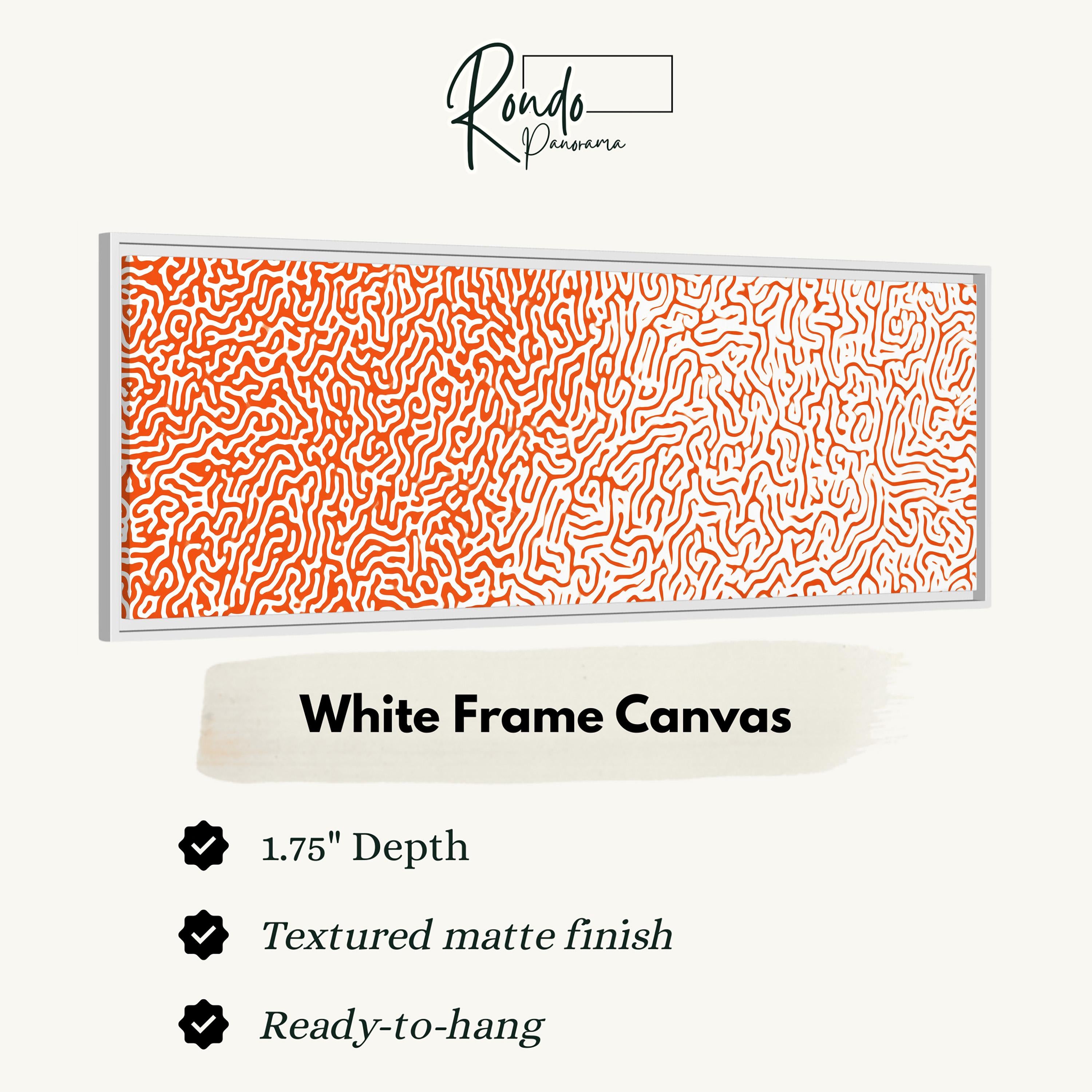 a white frame canvas with an abstract orange and red pattern.