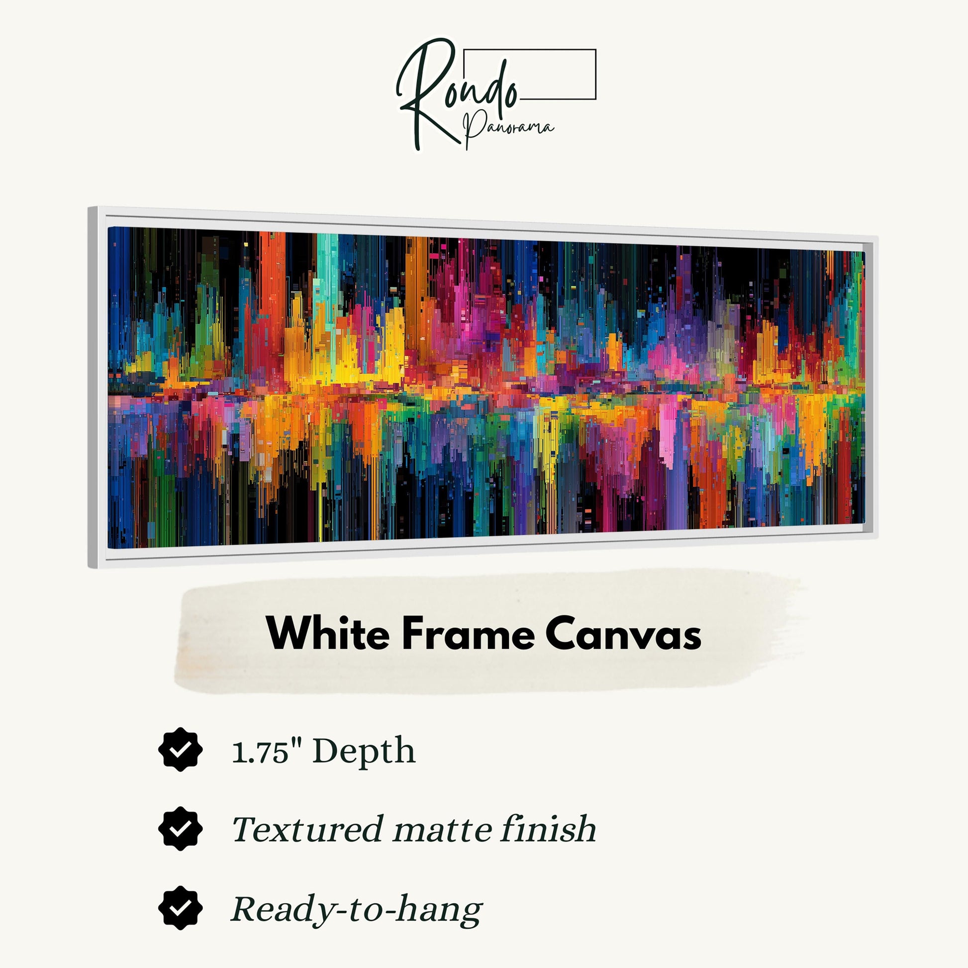 The image is a white frame canvas with a vibrant, abstract painting of a city skyline.
