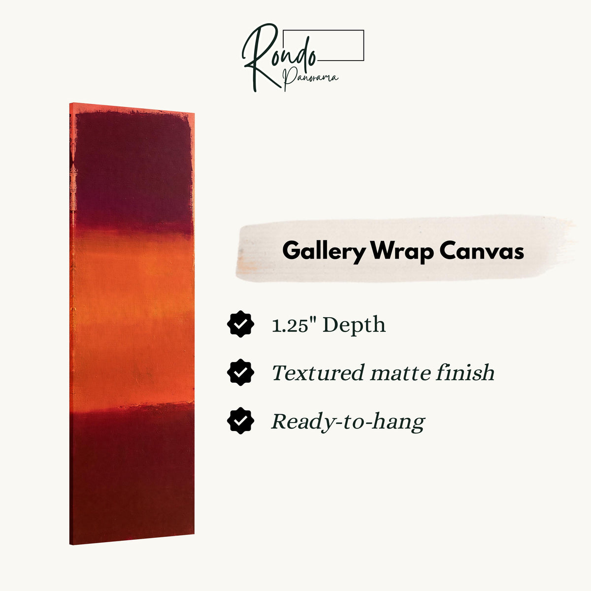 Color field bands in maroon, orange and red gallery wrap canvas with the image wrapped around the edges