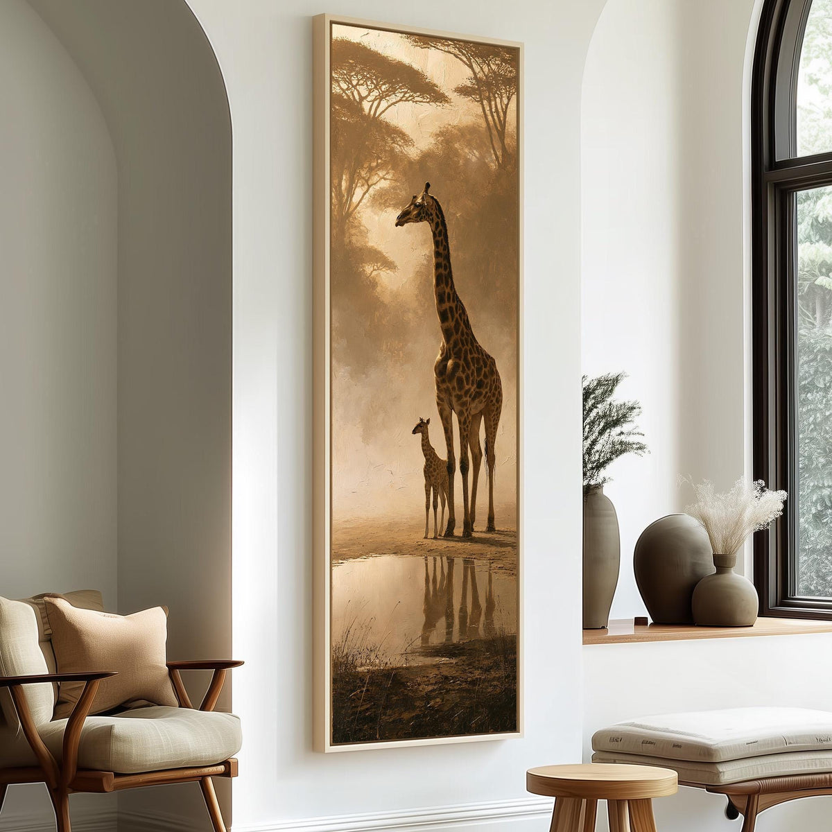 Giraffe and calf at a misty waterhole long vertical canvas print in a sunlit living space