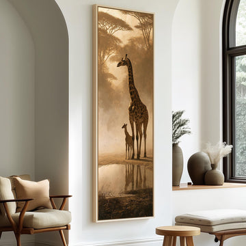 Giraffe and calf at a misty waterhole long vertical canvas print in a sunlit living space