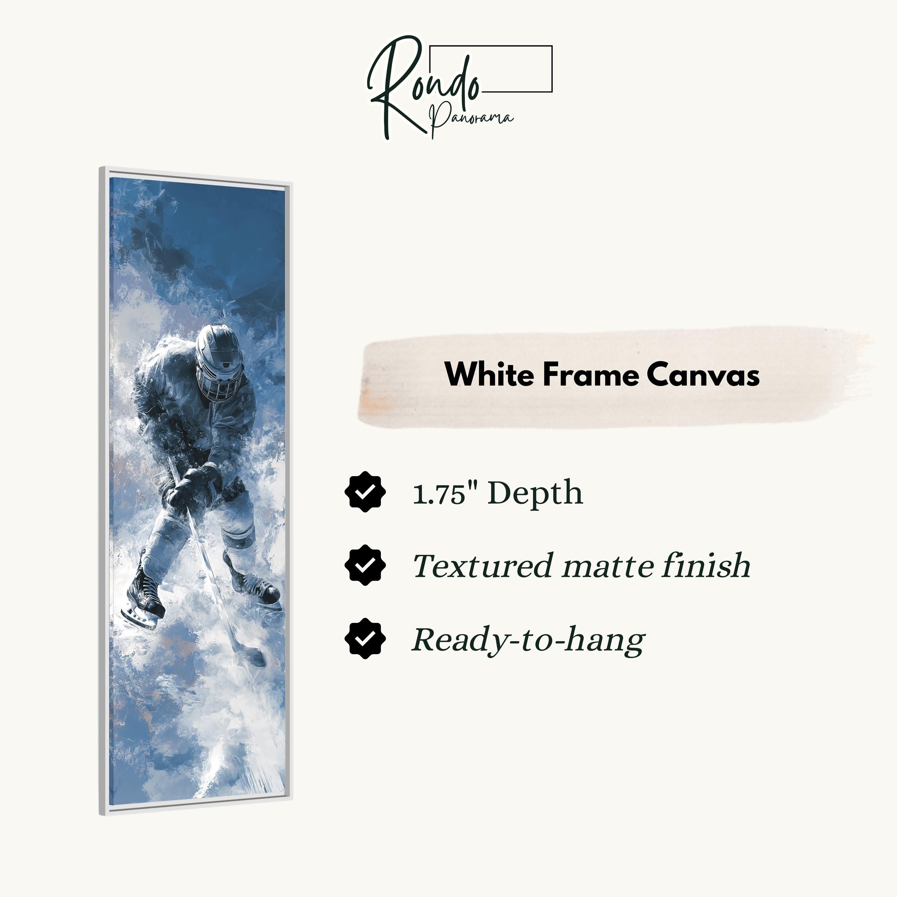 The image is a white frame canvas featuring a hockey player in action, with a text box providing details about the frame.