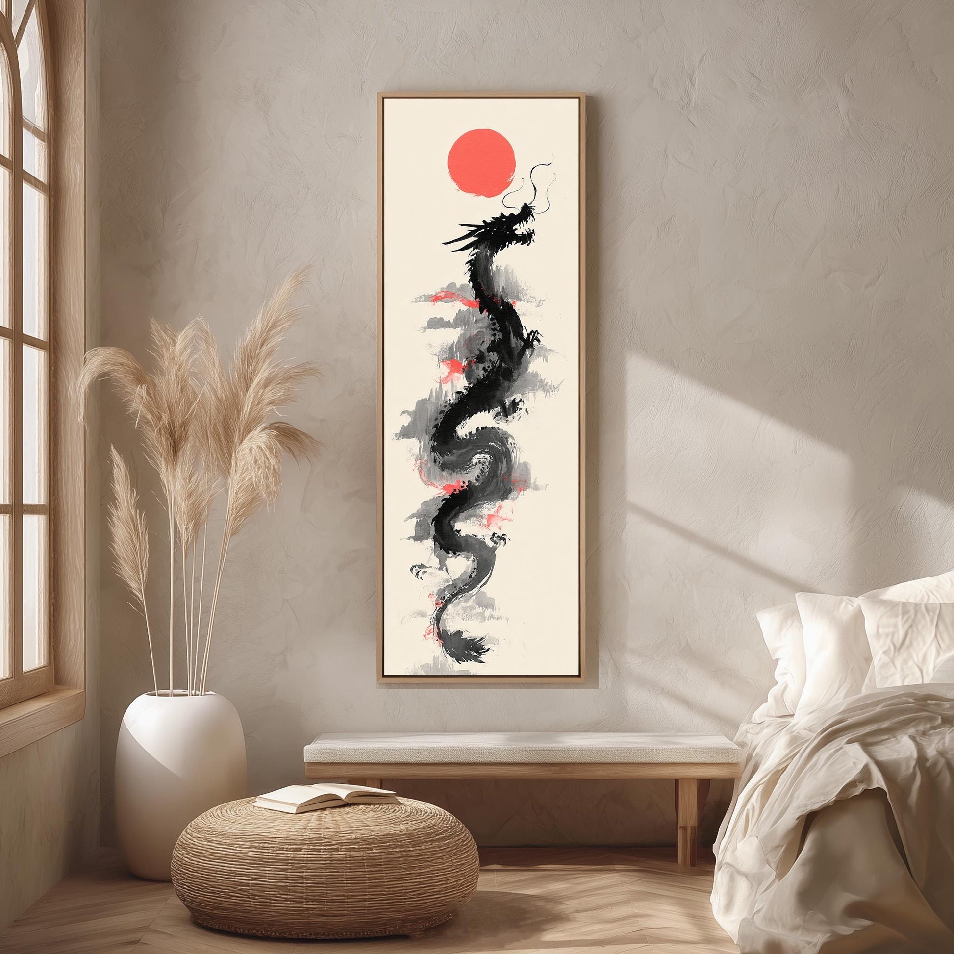a large, abstract dragon painting hanging on a wall in a minimalist, modern room.
