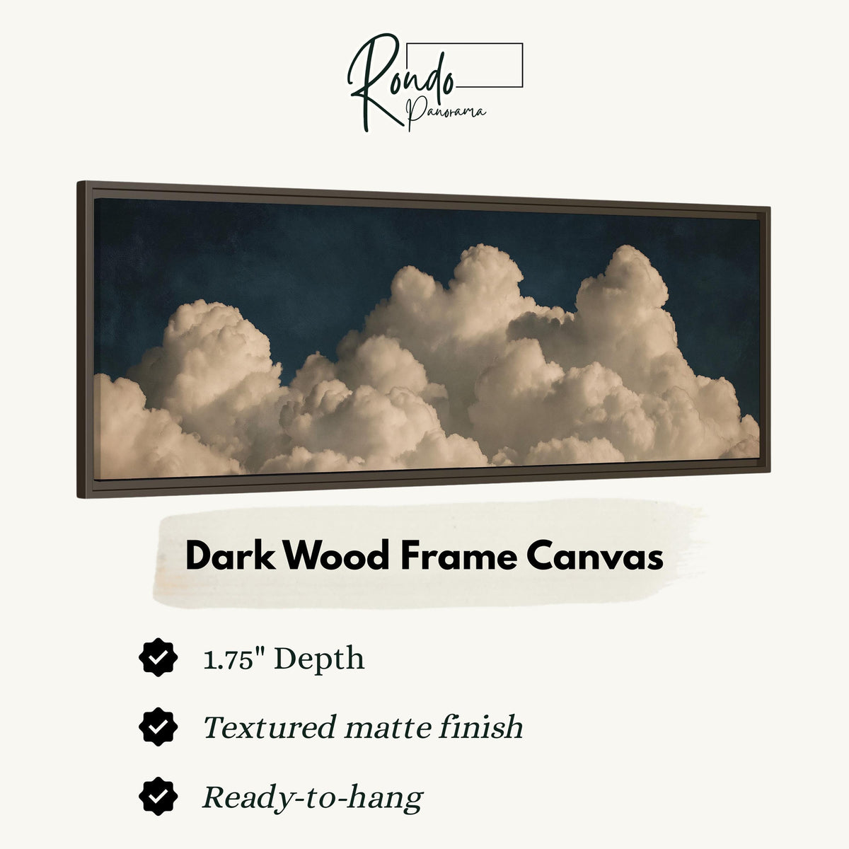 Cumulus clouds against a dark night sky canvas print in a dark wood floating frame