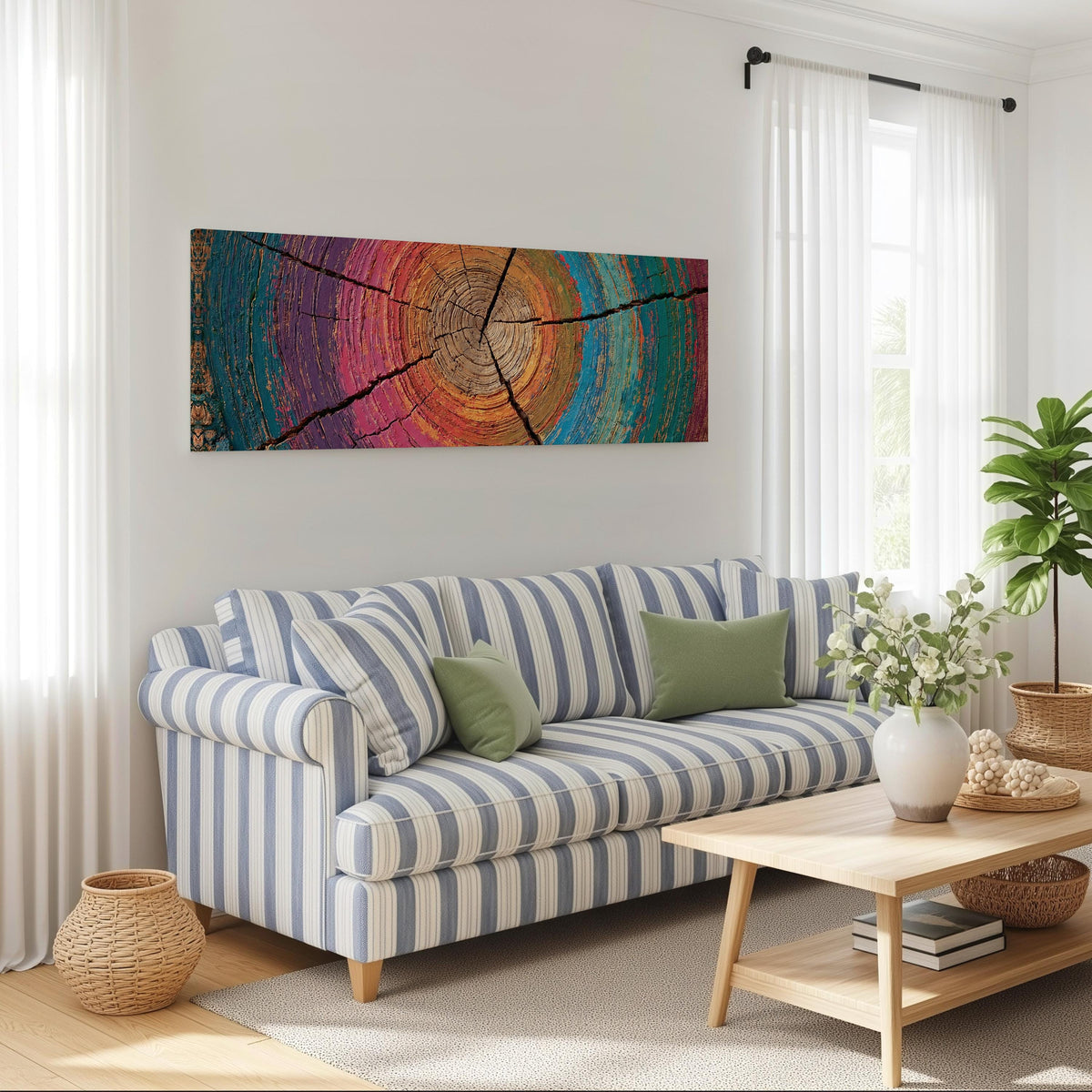 Rainbow tree ring long horizontal canvas print above a striped sofa in a coastal living room