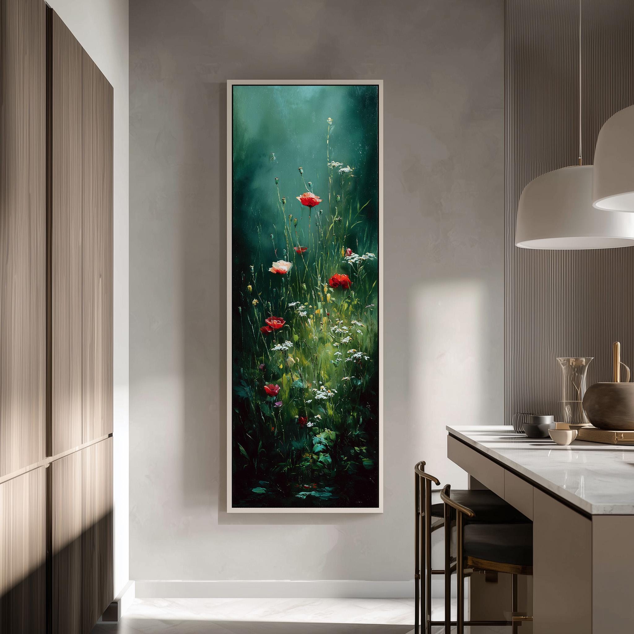 a large framed painting of a lush garden scene with red and white flowers, hanging on a wall in a modern kitchen.